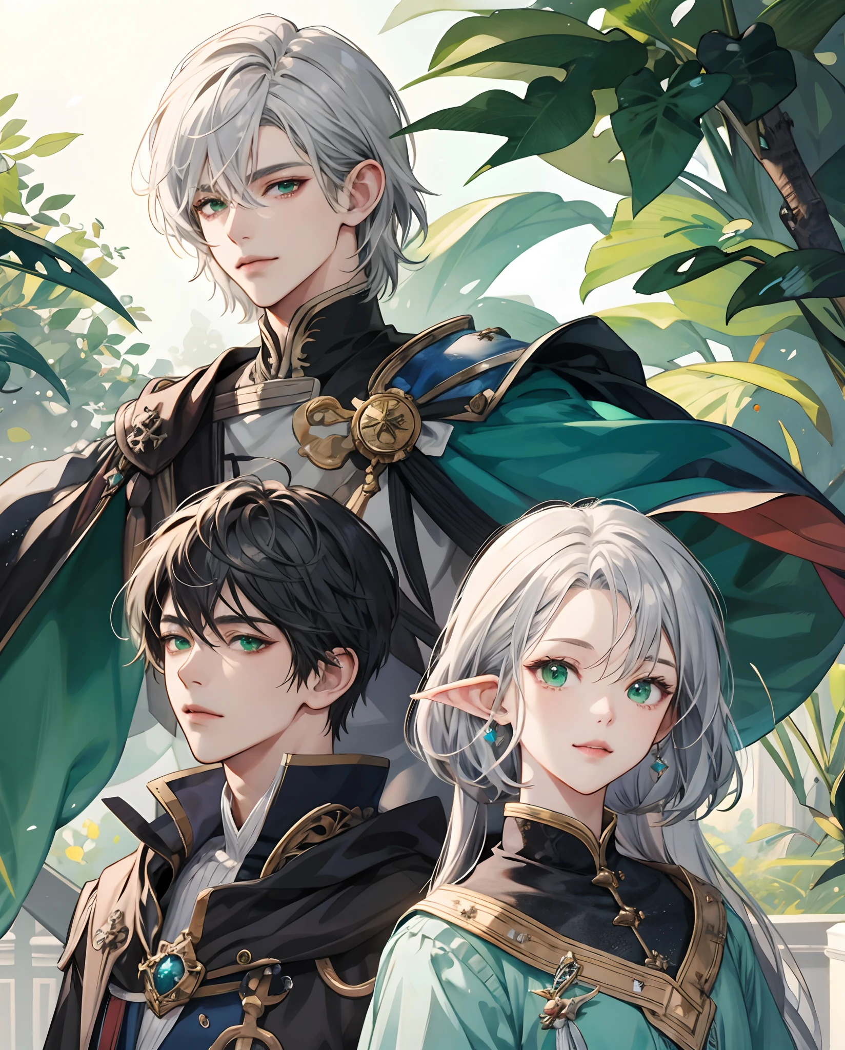​masterpiece、top-quality、超A high resolution、2D Bishonen、animesque、Teenage Boy、Elven ears、Silvery hair、short-haired、knights、Beautiful green eyes、The clothes are also depicted in detail、Eyes are depicted in detail、The face is depicted in detail、soio、Gentle smile、hair adornments、animesque、illustratio