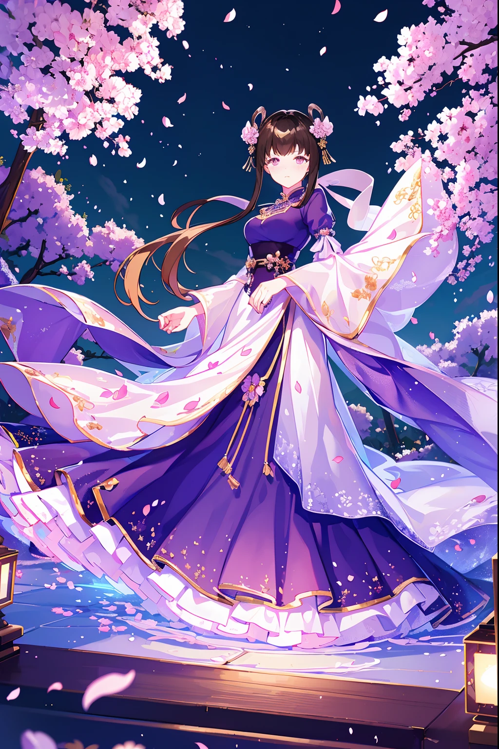 (Best quality,A high resolution,Clear image:1.2),Ultra-detailed background,Beautiful woman,standing on your feet，Purple dress，Chinese style clothes,Delicate petals,Garden scene,Under the moonlight,Romantic atmosphere,Dutch Angle Shot,Soft lighting,shelmet