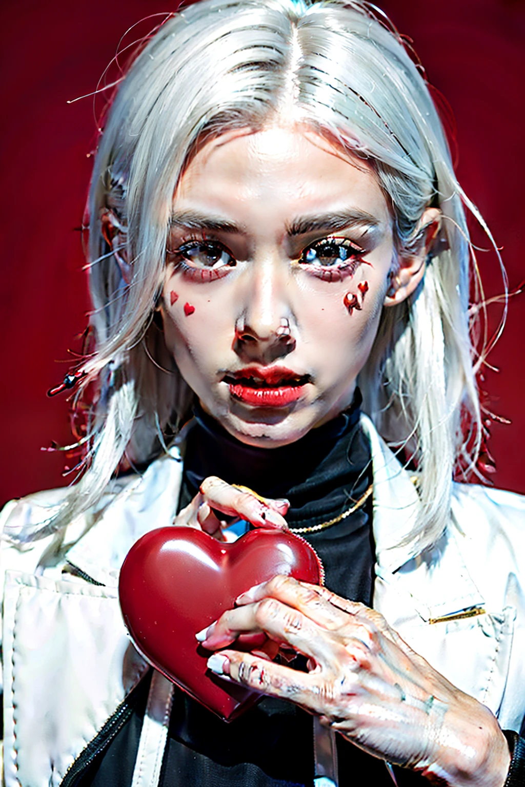 Boy, white hair with a few red parts, red eyes, looking at the camera, eating a heart-shaped candy