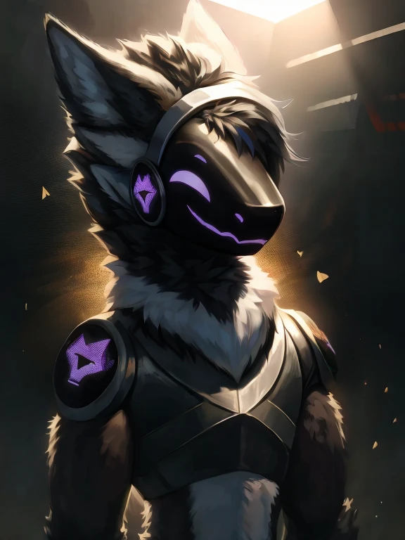 (Front focus), (During the day:1.6), protogen,furry, Furry,photograph realistic, Dynamic lighting, voluminetric lighting, 4 k'',male people, deepshadow, low tune,navy hair,Nero, Yellow, White, and navy color scheme,full bodyesbian,military chest plate,Round screen on the shoulder,white neon eyes