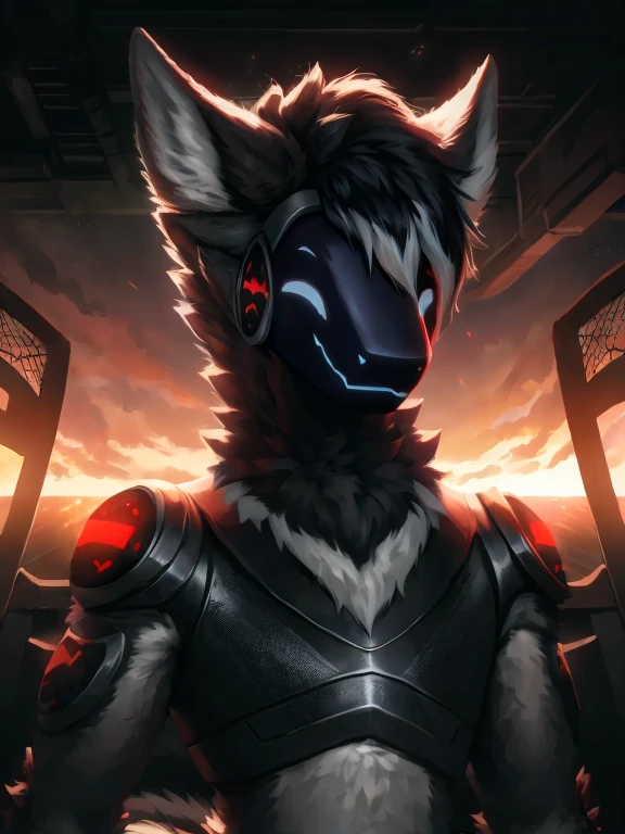 (Front focus), (During the day:1.6), protogen，furry, Furry，photograph realistic, Dynamic lighting, voluminetric lighting, 4 k'',male people, deepshadow, low tune,navy hair，Nero, Yellow, White, and navy color scheme，full bodyesbian，military chest plate，Round screen on the shoulder,white neon eyes