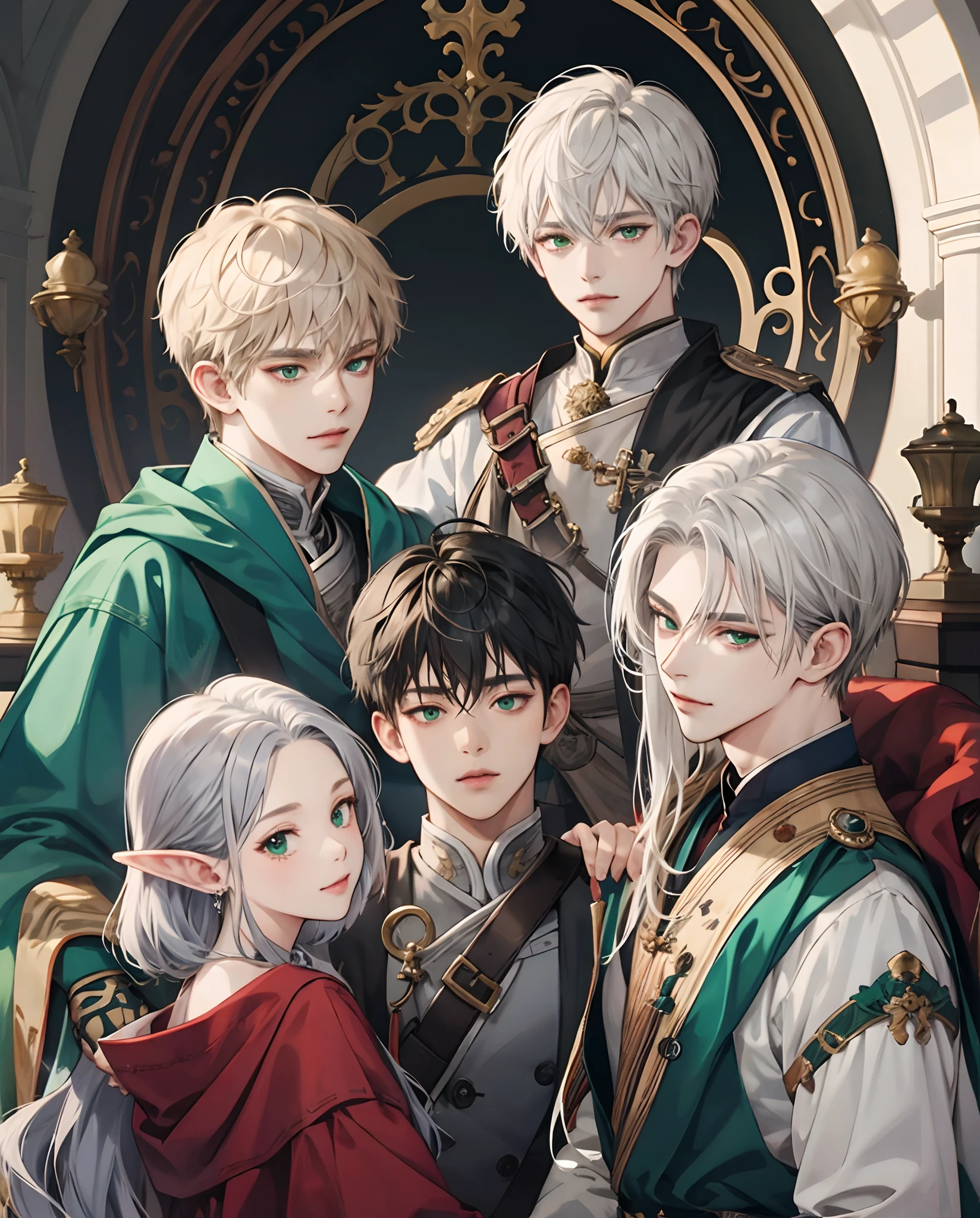 ​masterpiece、top-quality、超A high resolution、2D Bishonen、animesque、 Boy、Elven ears、Silvery hair、short-haired、knights、Beautiful green eyes、The clothes are also depicted in detail、Eyes are depicted in detail、The face is depicted in detail、soio、Gentle smile、hair adornments、animesque、illustratio