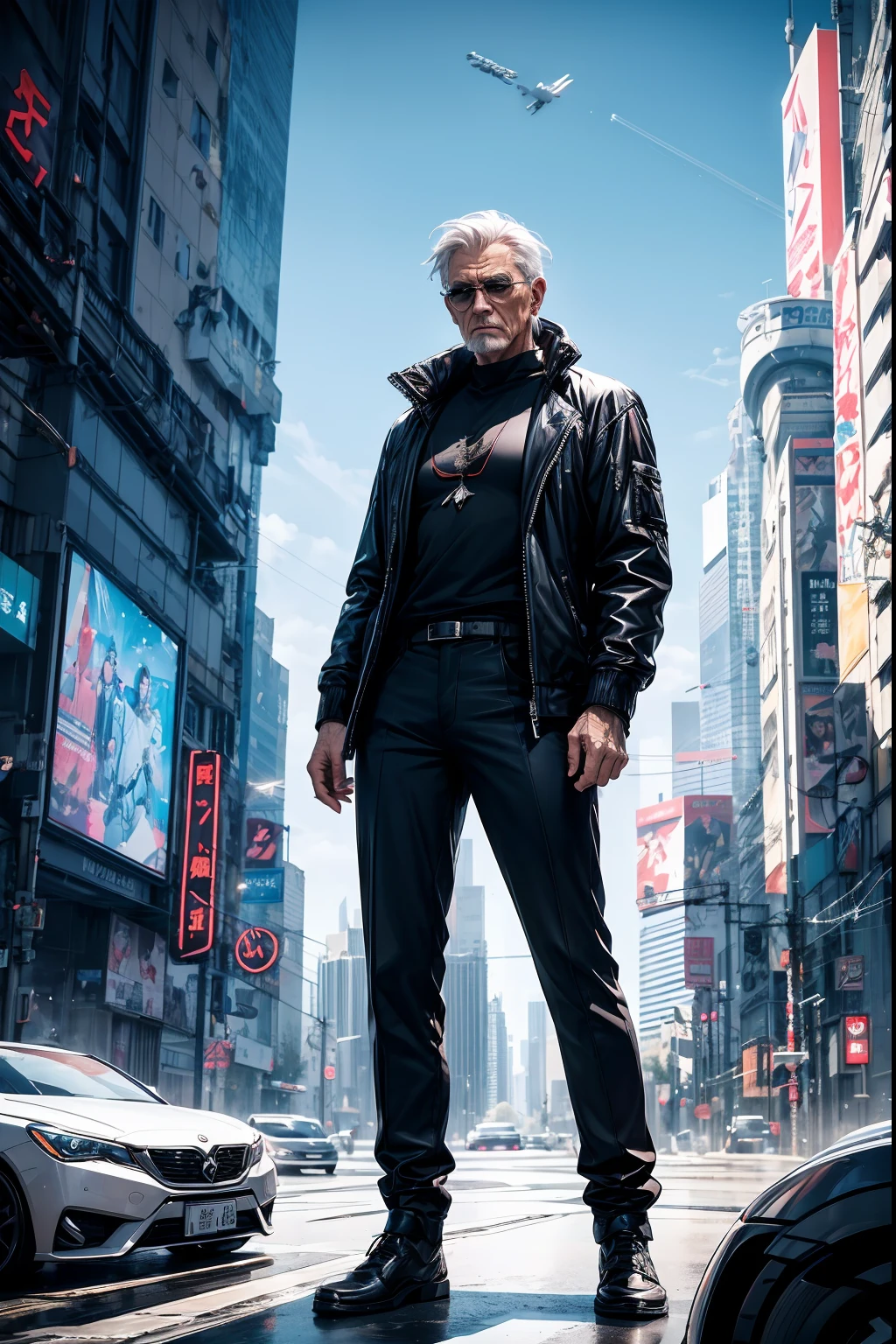 Cool Assassin, One guy、Black pants、Strong body、Cyberpunk cityscape、Dynamism、8K、Detailed picture、realisitic、Astringent old man、gentleman、Stylish assassin