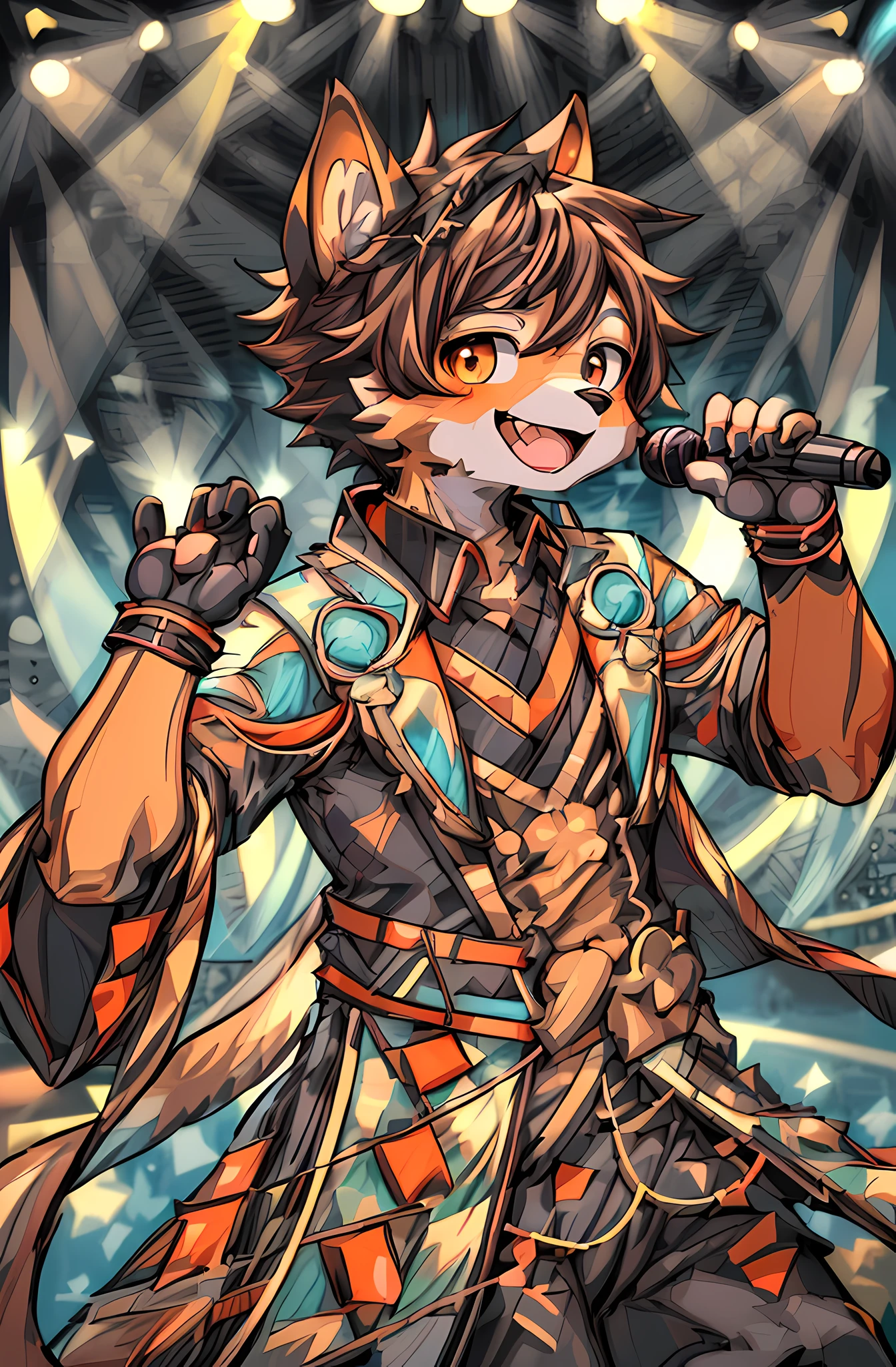 top-quality，best qualityer，rzminjourney，vectorial art，High quality illustrationtiz，tmasterpiece）（komono，furry anthro），Idol put on singing costumes，Background stage，Performance stage background,brown hair, round form，Bust，(Boy black humanoid dog:1.2), Smiling，Super detailed illustration，solo person