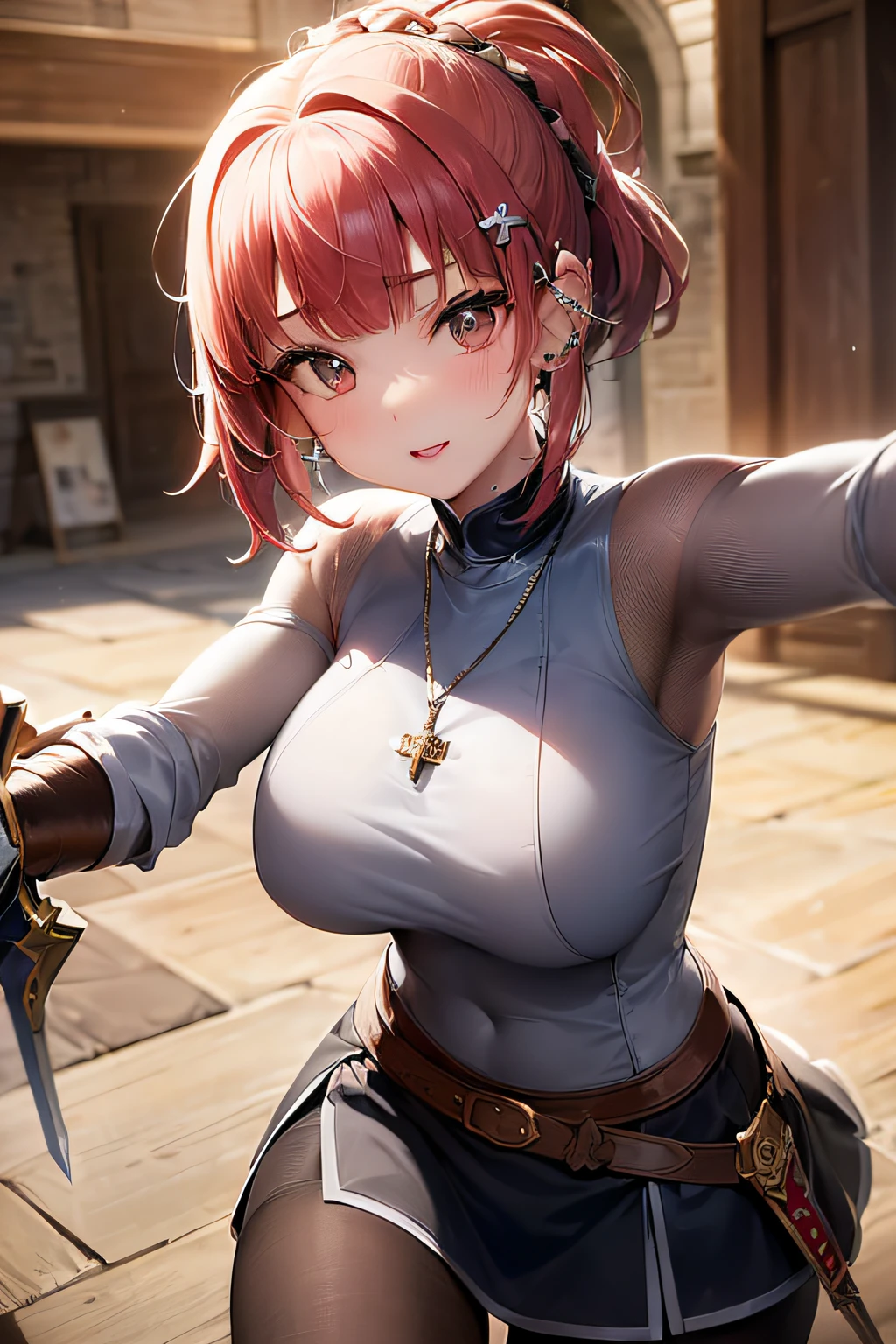 (((Armor and sword of Joan of Arc:1.3))),(((Ancient Western Landscapes:1,3))),(((Armed Girls in Europe:1.3))),(((Enhance your movements with a sword with a motion blur effect:1.3))),(beautiful a girl),Red pleated skirt,breast slip,(blondehair,Ponytail twisted buns adorned with elaborate braids and beads,),(Bangs are see-through bangs),(((emphasizing breasts:1.3))),(Dynamic angles),(Dynamic and sexy poses),(bending forward:1.3),(((Dignified statue))),(((hair pin,a necklace,piercings))),Colossal tits,Blush with embarrassment,Enraptured eyes,skin glistening with sweat,gazing at viewer,Disturbance of clothing due to movement,pointed red mouth,Perfect round face,,Proper body proportion,Intricate details,Very delicate and beautiful hair,photos realistic,Dreamy,Professional Movie Lighting,realistic shadow,Solo Focus,Beautiful hands,Beautiful fingers,Detailed finger features,detailed clothes features,Detailed hair features,detailed facial features,(masutepiece,top-quality,Ultra-high resolution output image,) ,(The 8k quality,),(Image Mode Ultra HD,)