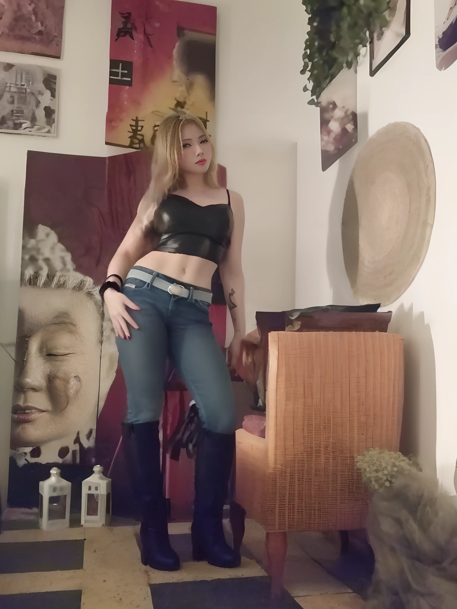 there is a beauty blonde woman standing in a room with a chair and a chair, jeans and boots, wearing a camisole and boots, ( ( ( wearing jeans ) ) ), jeans and black boots, full body shoot, jeans and knee high black boots, wearing a sexy cropped top, outfit photo, full body wide shot, full body photogenic shot, centered full body shot, japanese photo studio location