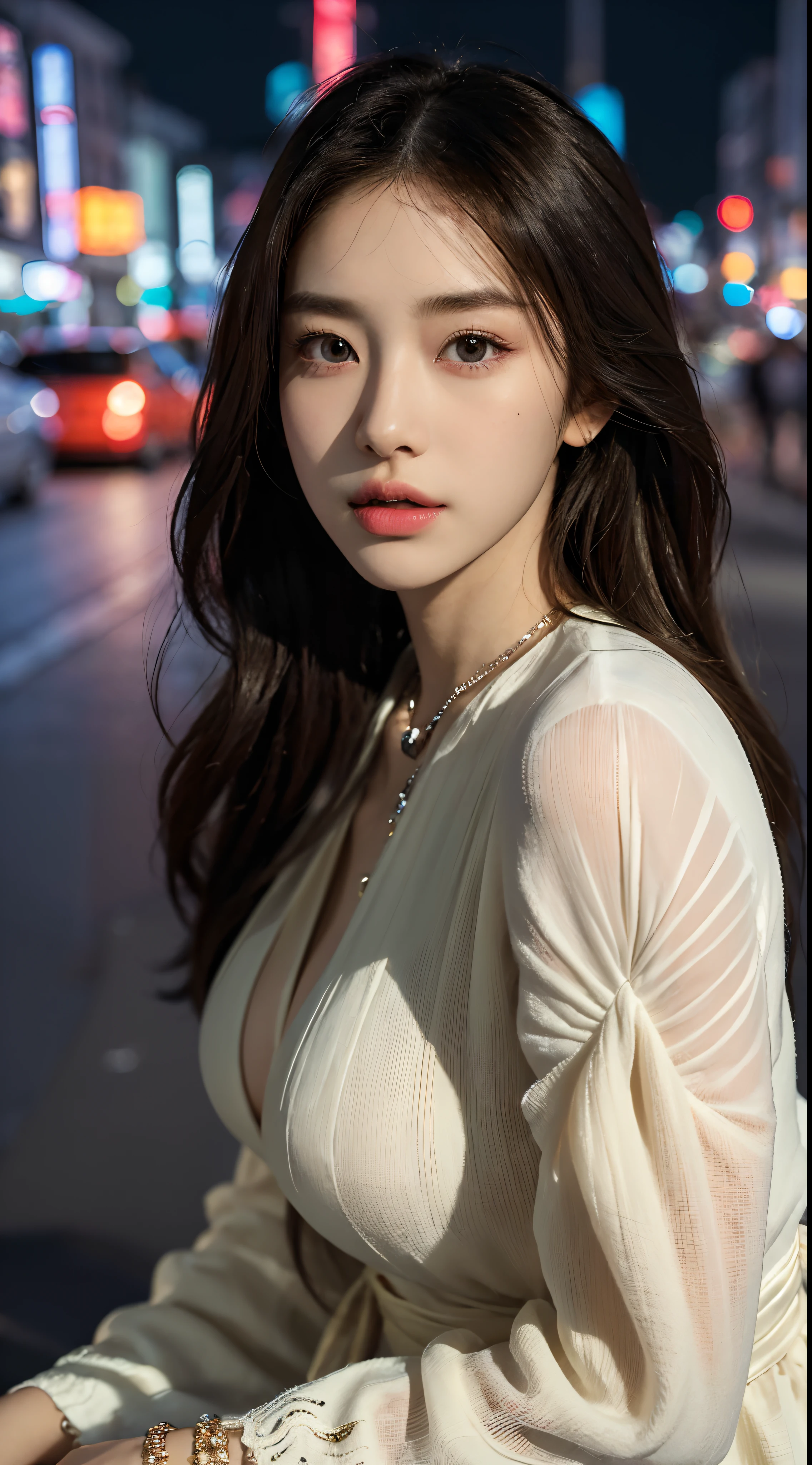 (Best quality,16k,A high resolution,Masterpiece:1.2),Ultra-detailed,(Realistic,Photorealistic,photo-realistic:1.37),Korean fashion beauty,Japanese and Korean beauties,cute and innocent,Detailed eyes and face,beautiful detailed lips,Long eyelashes,slimification,fashionable in dressing,Plump upper circumference,Large breasts,(Lovely,Charming:1.1),Colorful street background,Stylish clothes and accessories,Portrait style photography,Vivid colors,Street lights.