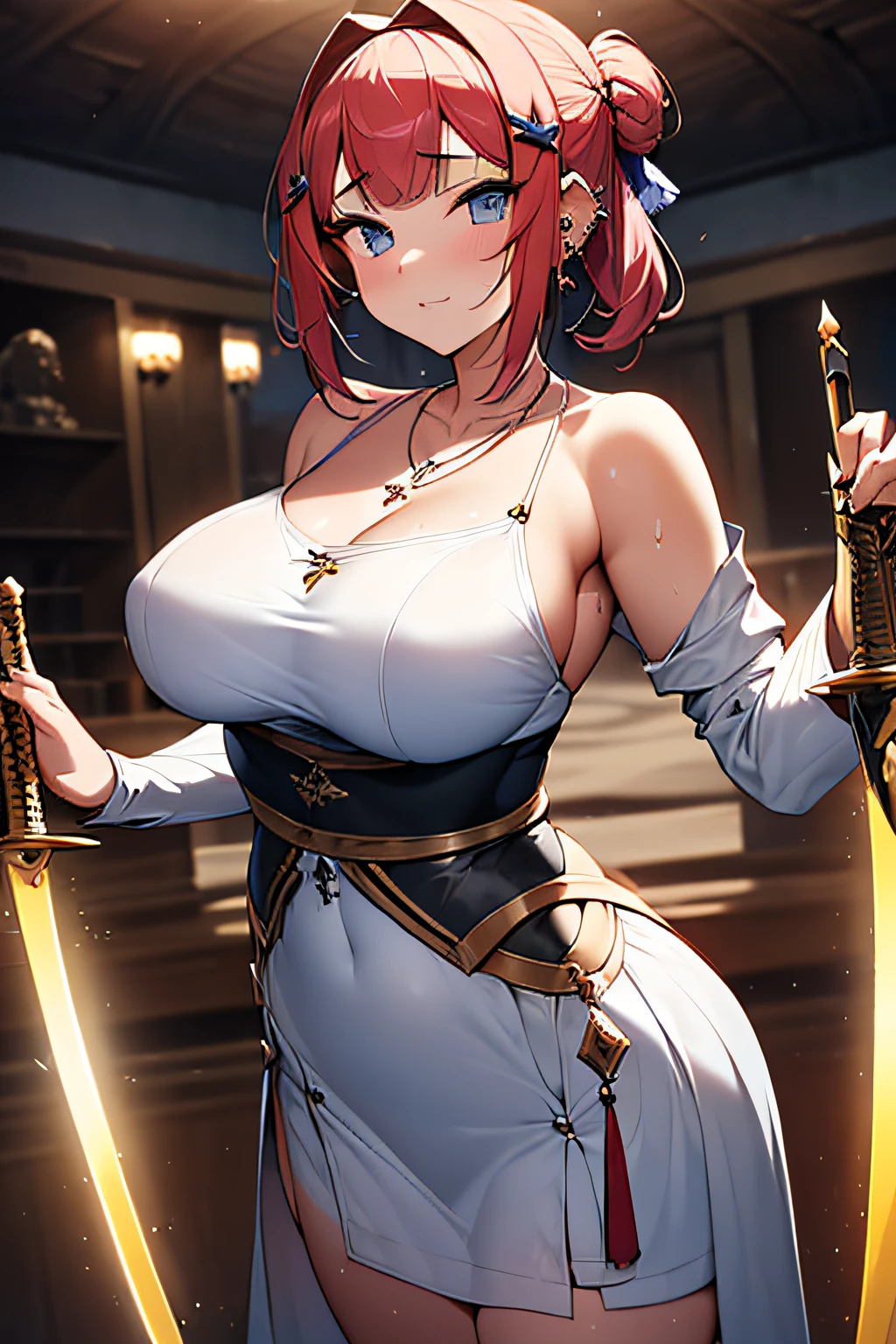 (((Armor and sword of Joan of Arc:1.3))),(((Ancient Western Landscapes:1,3))),(((Armed Girls in Europe:1.3))),(((Enhance your movements with a sword with a motion blur effect:1.3))),(beautiful a girl),Red pleated skirt,breast slip,(blondehair,Ponytail twisted buns adorned with elaborate braids and beads,),(Bangs are see-through bangs),(((emphasizing breasts:1.3))),(Dynamic angles),(Dynamic and sexy poses),(bending forward:1.3),(((Dignified statue))),(((hair pin,a necklace,piercings))),Colossal tits,Blush with embarrassment,Enraptured eyes,skin glistening with sweat,gazing at viewer,Disturbance of clothing due to movement,pointed red mouth,Perfect round face,,Proper body proportion,Intricate details,Very delicate and beautiful hair,photos realistic,Dreamy,Professional Movie Lighting,realistic shadow,Solo Focus,Beautiful hands,Beautiful fingers,Detailed finger features,detailed clothes features,Detailed hair features,detailed facial features,(masutepiece,top-quality,Ultra-high resolution output image,) ,(The 8k quality,),(Image Mode Ultra HD,)