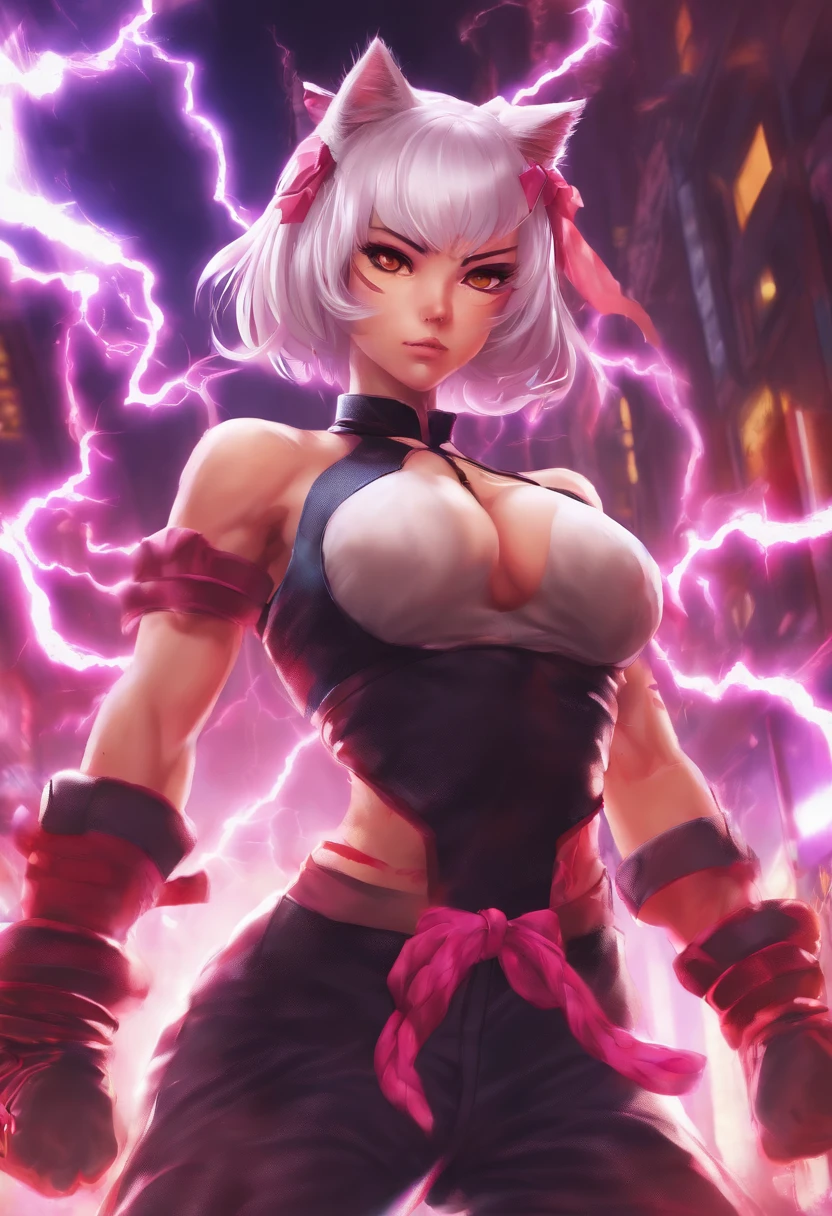 tchibi、Realistic 3D rendering of a gothic cat girl, Surrounded by lightning, big muscle, full body photo shot, hyper realisitic