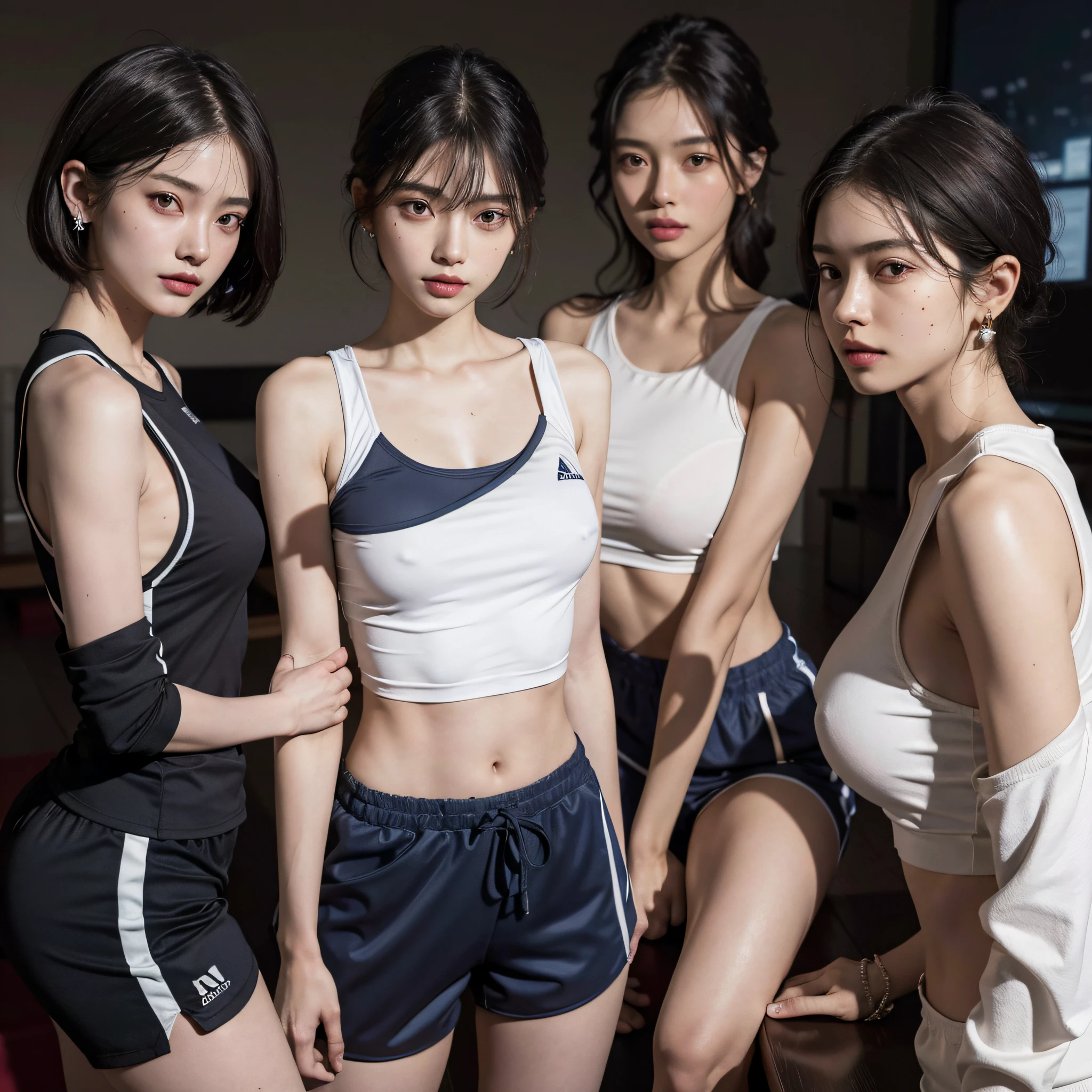 absurdres, RAW photo, extremely delicate and beautiful, masterpiece, Best Quality, ultra high resolution, 16k, hyperrealistic, ultra-detailed, perfect anatomy, super Detailed skin, perfect figure, Very detailed CG 8k wallpaper, in her 20s, very Slim body, narrow waist, very small head, very small face, delicate facial features, tearful mole, mole on chest, earring, thin legs, (very huge round breasts), midriff, sleeveless, (full body shot), (((3 girls))), short medium hair, ((track suit)),