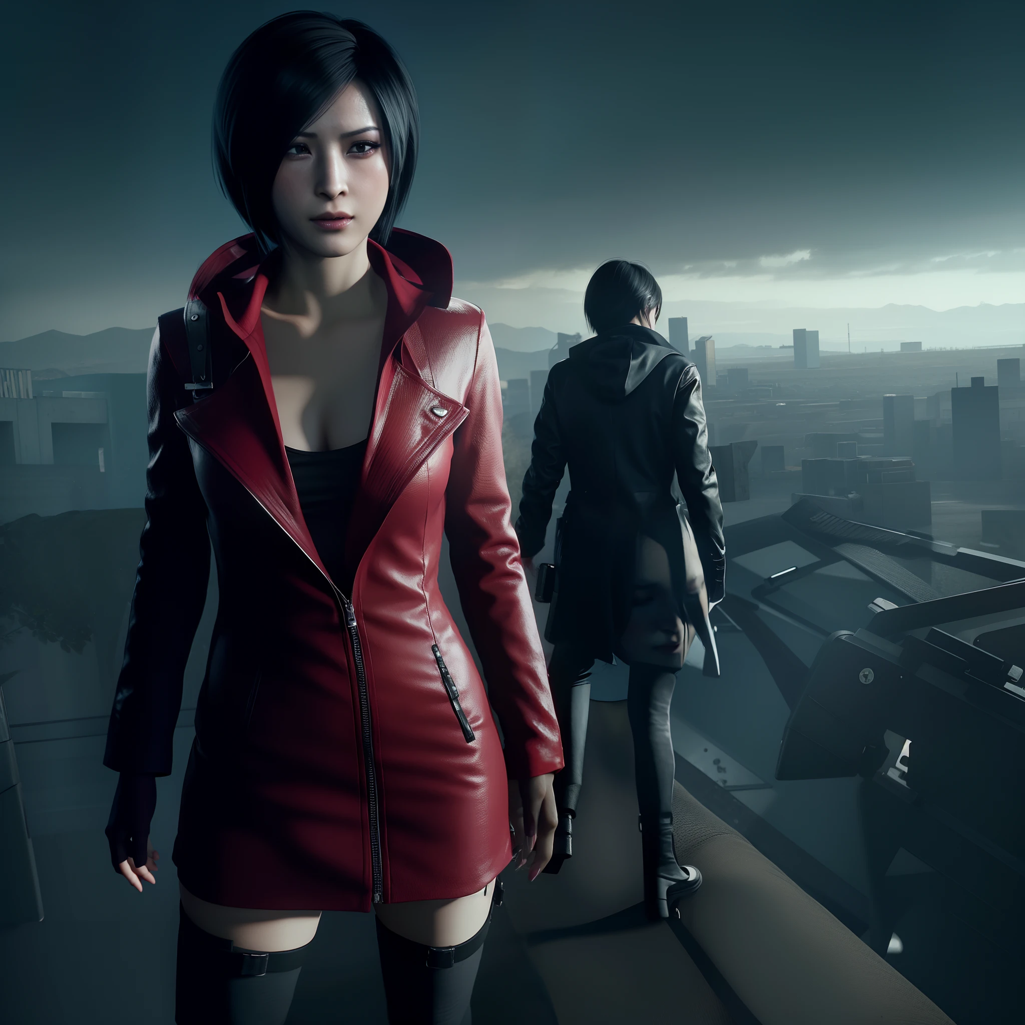 Ada wong, beautiful face, bob hair, perfect Face, wearing mini red rose dress hoody, black nail polish, holding a gun, Look straight, Embarrassed