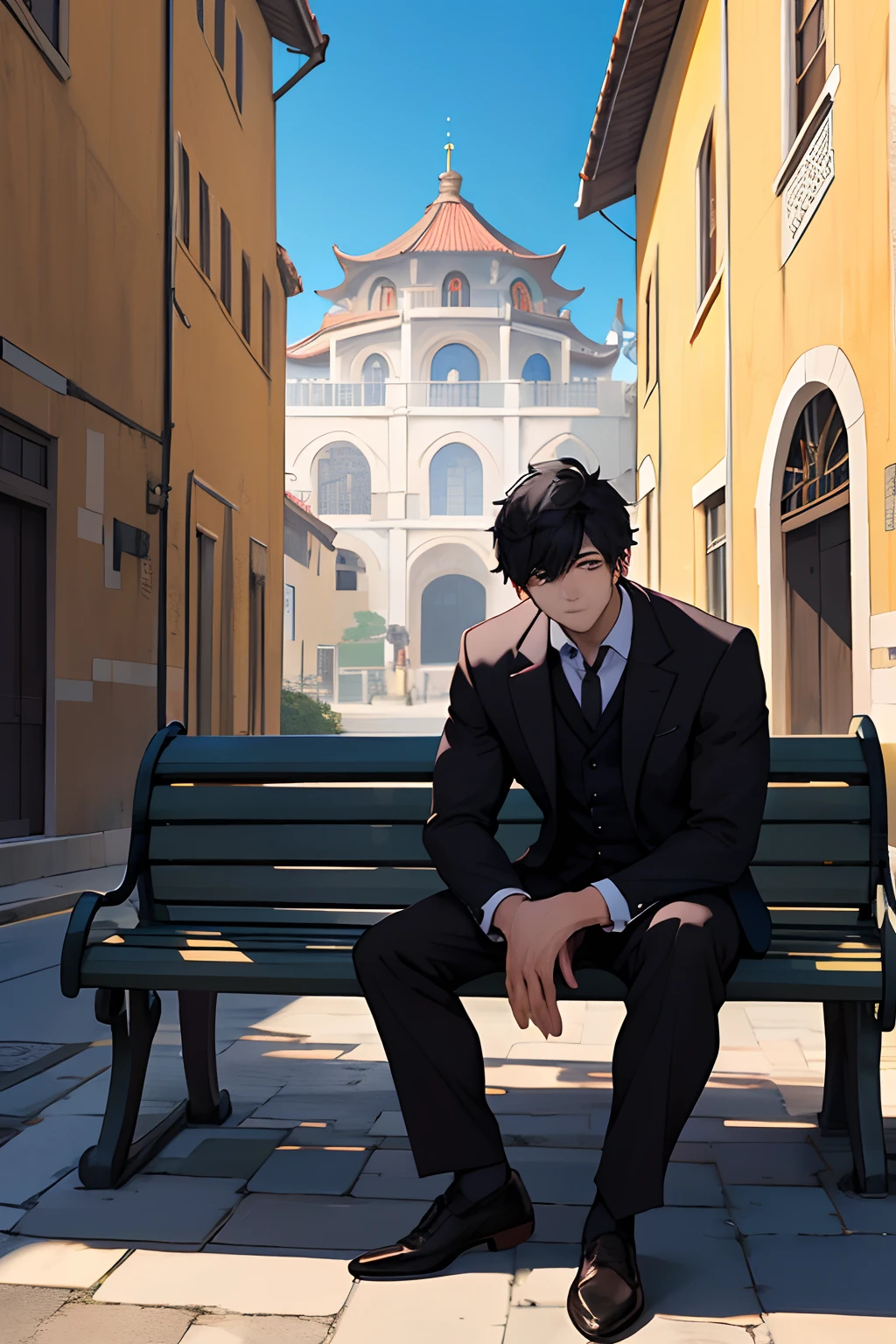Draw a young student，Sit on a bench。Behind it is the Baroque architecture。The sun shone on him，A deep shadow was cast on the suit。The young man looks confident and determined，Look at the vast sky with amazement and respect，black color hair，Chinese faces，Very handsome