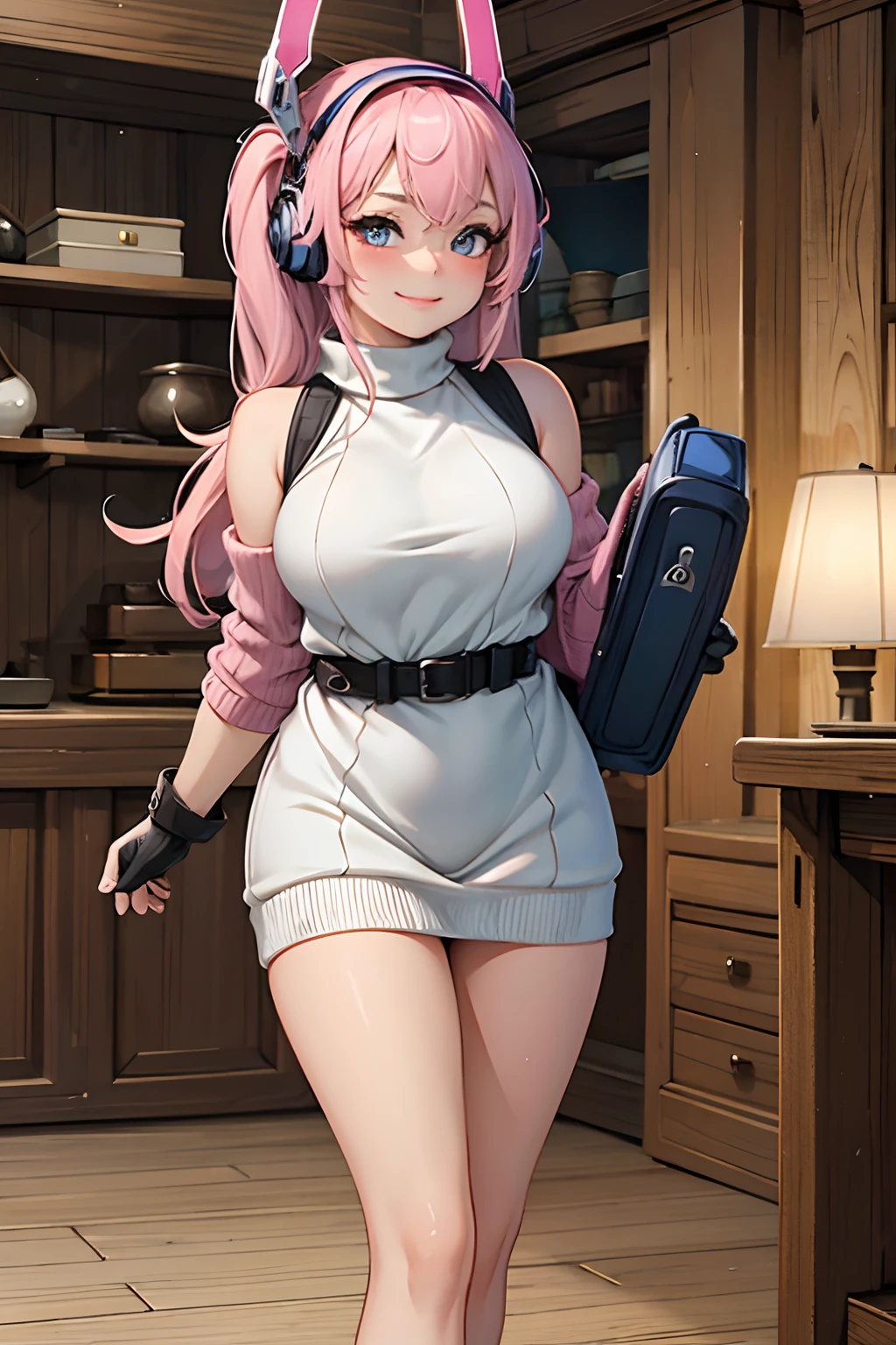 masterpiece, highres, 1girl, goddess of victory: nikke, pepper_(nikke),  ペッパー(勝利の女神_NIKKE), beautiful face, detailed face, pink hair, bangs, headphones, gloves, blue neckerchief,  sweater, thighs, blush, smile,  large breasts, full body, bare shoulders, eyebrows visible through hair, headgear, long hair, looking at viewer, sweater dress, vest, standing