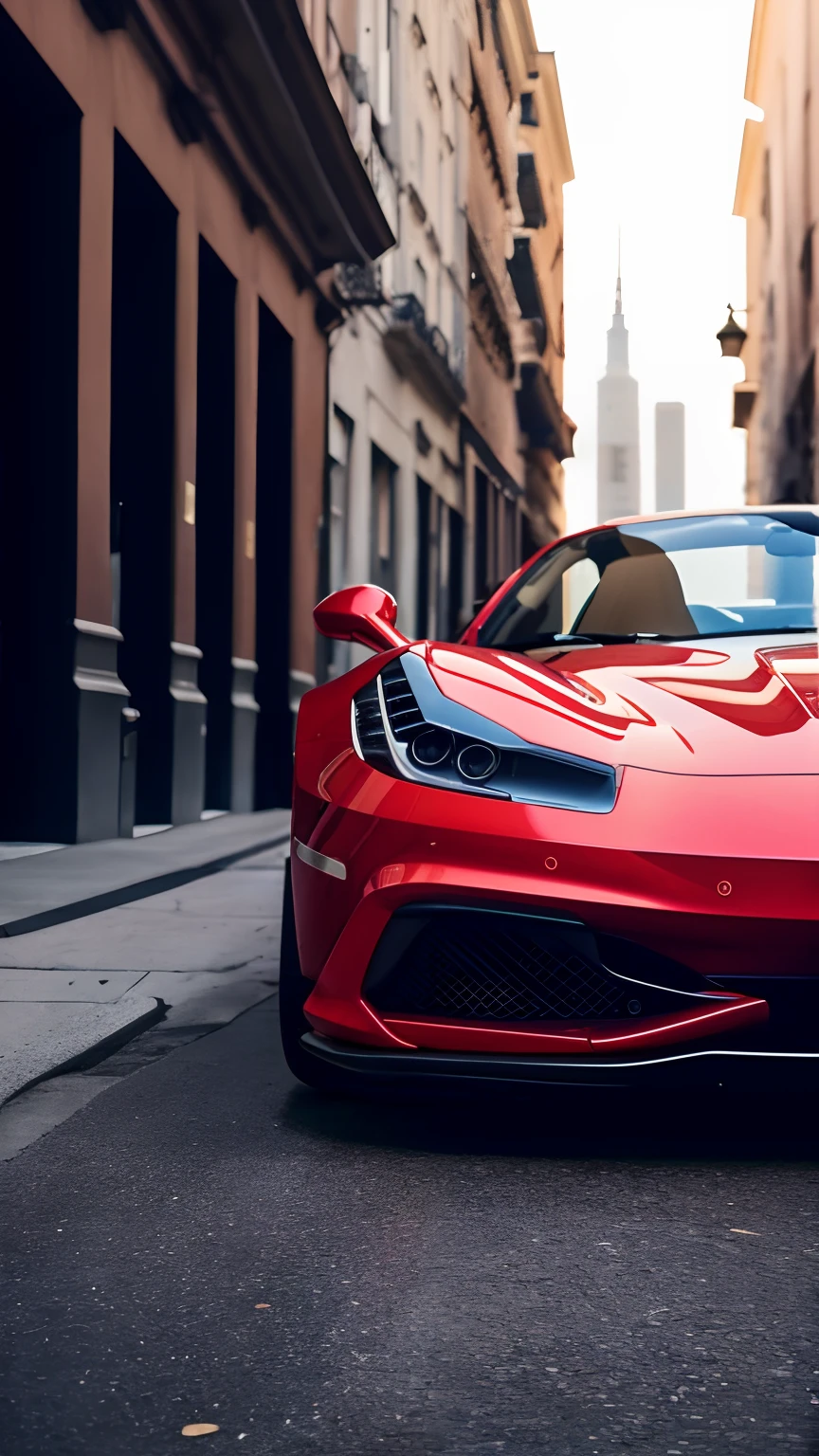 a close up of a Ferrari car parked on a city street, wallpaper for mobile, cinematic poster, iPhone wallpaper, HD 8K wallpaper, like matrix, motivational poster, cinematic 8k wallpaper, intricate details, photo realistic, sharp details, volumetric lightings, cinematic colors, projected shadows, realistic shadows