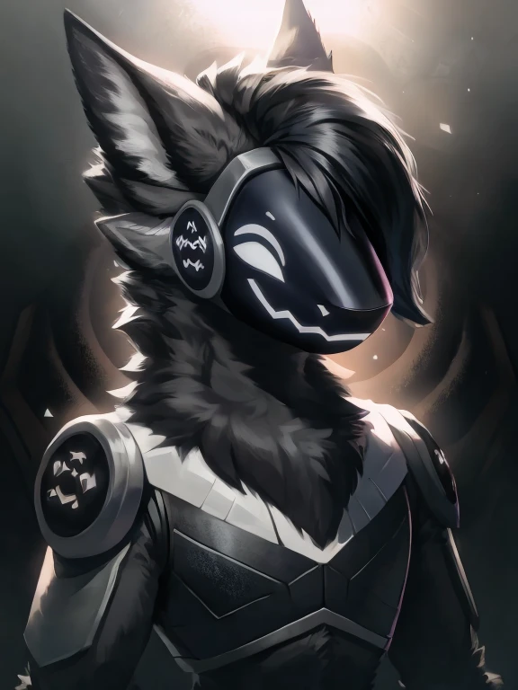 (Front focus), (During the day:1.6),front facing,head shot ,protogen,furry, Furry,photograph realistic, Dynamic lighting, voluminetric lighting, 4 k'',male solo, deepshadow, low tune,navy hair,Nero,navy color scheme,military grade ceramic armor,military chest plate,Round screen on the shoulder,white neon eyes