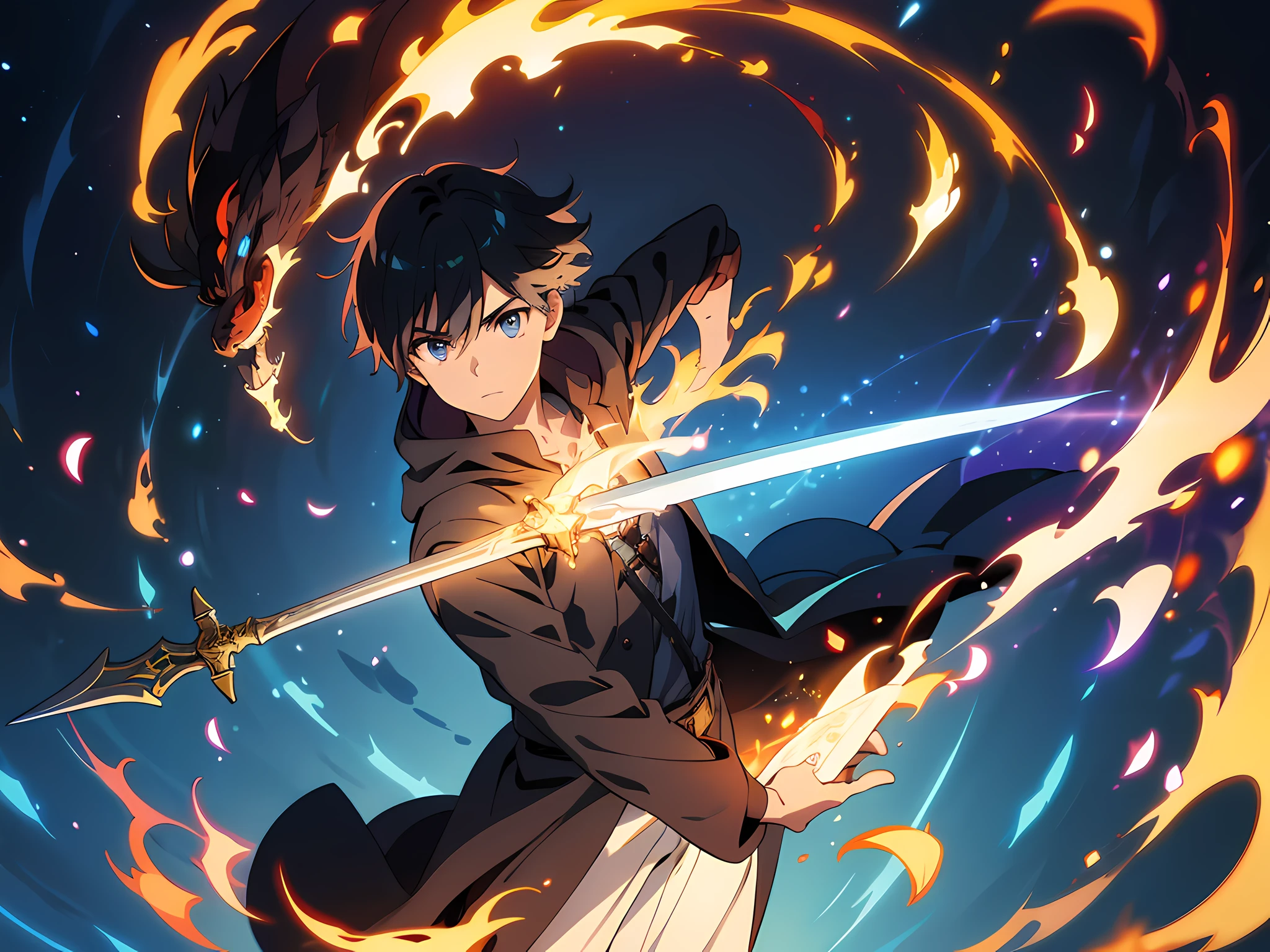 masterpiece, In a world where magic and technology exist side by side, a young man (black hair, short hair) sets out on a journey to hone their skills and uncover the secrets of their powers, beautiful eyes finely detailed. The mage must learn to harness the full potential of their abilities and unlock the true potential of magic in the modern age. full body illustration, evil facial expression, holding a sword, he hold sword with flames coming out from his sword.