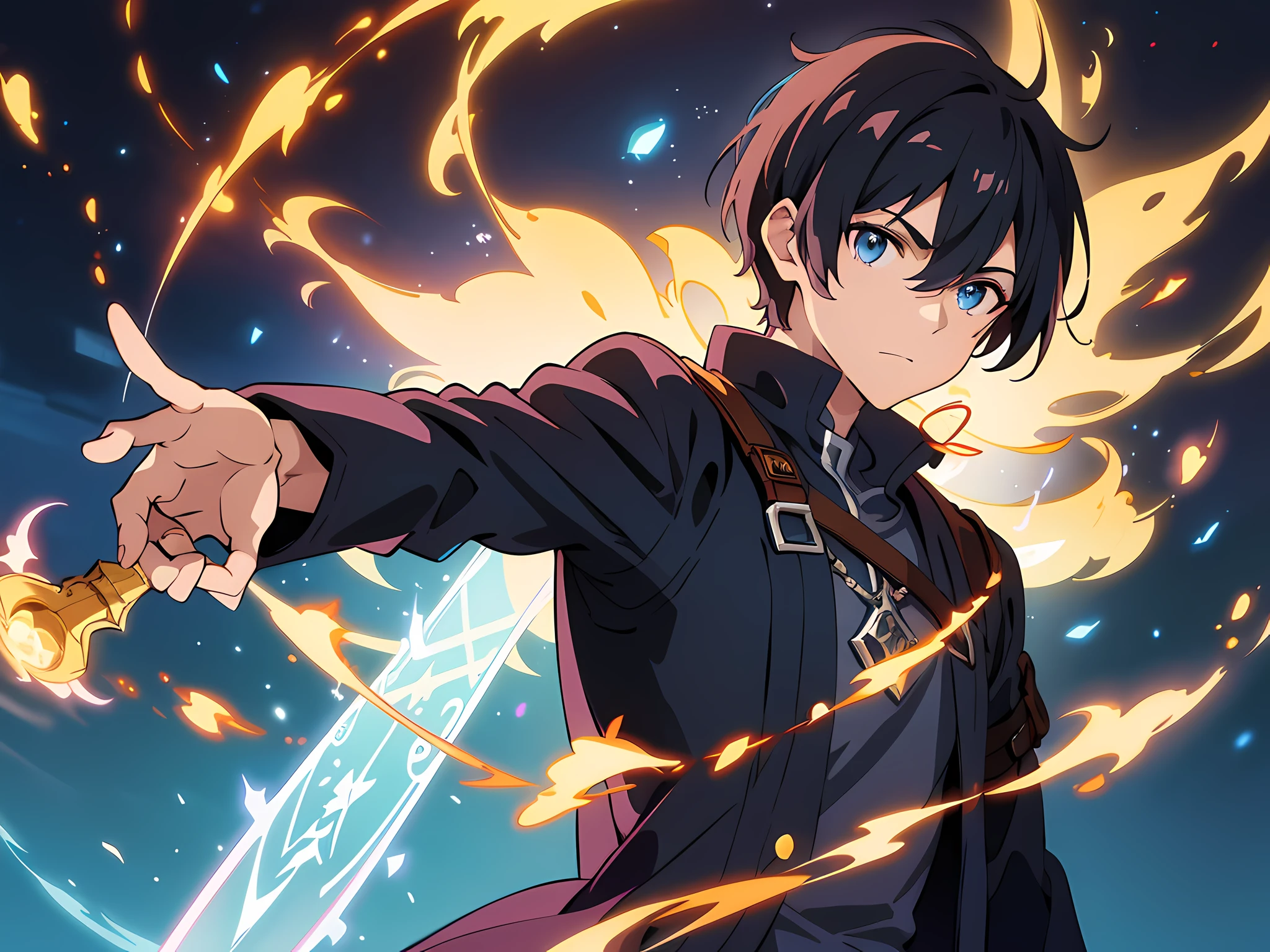 masterpiece, In a world where magic and technology exist side by side, a young man (black hair, short hair) sets out on a journey to hone their skills and uncover the secrets of their powers, beautiful eyes finely detailed. The mage must learn to harness the full potential of their abilities and unlock the true potential of magic in the modern age. full body illustration, evil facial expression, holding a sword, he hold sword with flames coming out from his sword.
