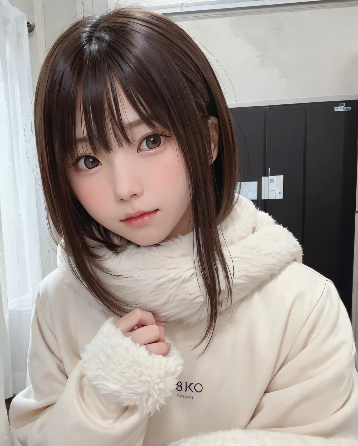 (Top image quality、8K、masterpiece:1.3))、Realistic high-quality photos、top-quality、girl cute-fine face、13 years old beautiful Japan girl、Photo of slim little girl model、Beautiful girl model、young japanese girl、Young cute face、japanaese girl、13-year-old female model、Beautiful Model Girl、The innocent look of the girl next door、lovely delicate face、Brown hair、Beautiful brown eyes、Tear bag、drooing eyes、young body、coat, scarf, gloves, Winters, Yuki