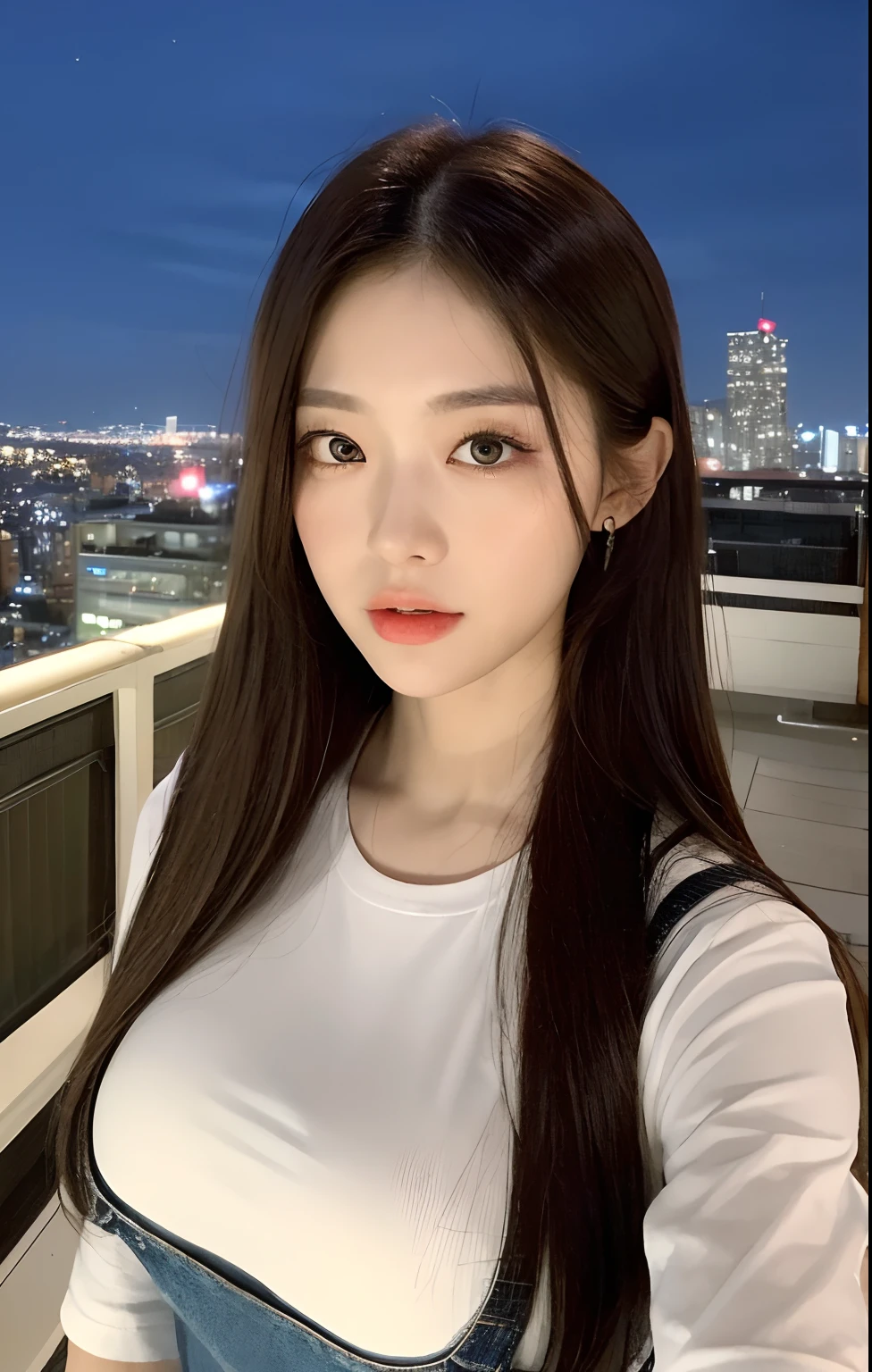 ((Midnight, Best quality, 8k, Masterpiece :1.3)), Whole body, Long legs, Sharp focus :1.2, A pretty woman with perfect figure :1.4, Slender abs :1.1, ((Dark brown hair, Big breasts :1.2)), (White tight tshirt, Jean bib, Standing:1.2), ((Night city view, Rooftop:1.3)), Highly detailed face and skin texture, Detailed eyes, Double eyelid