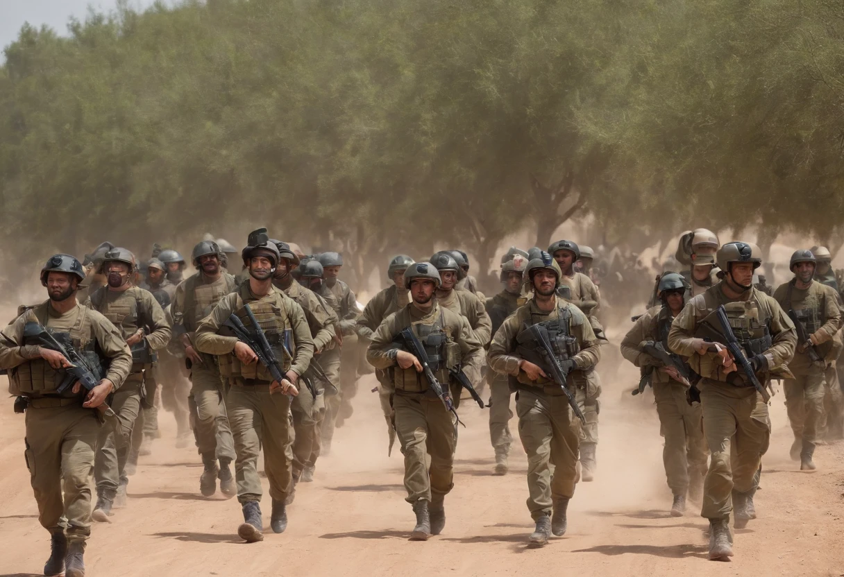 View Behind Brave Israeli Defense Forces Marching Against Army Of Ugly And Cruel Demons, Anjos voam e seguem soldados das FDI de cima , Bandeiras de Israel , azul e branco, modern army, Tactical equipment, Art Demonstrates Victory of Good Against Evil, Apocalyptic Battlefield , master part, Obra premiada, Dramatic, best quality, 4k, imagem ampla, high resolution