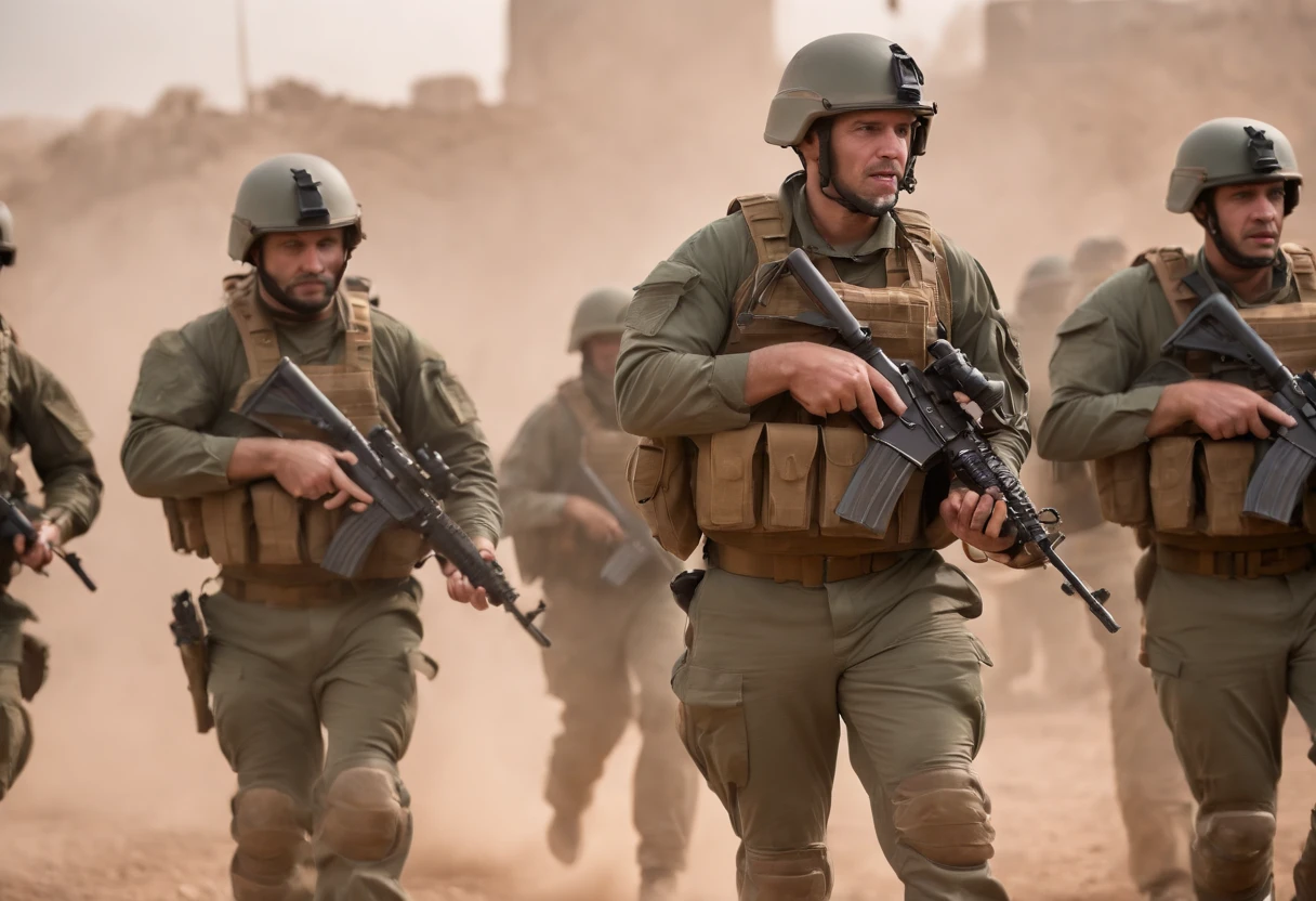 View Behind Brave Israeli Defense Forces Marching Against Army Of Ugly And Cruel Demons, Anjos voam e seguem soldados das FDI de cima , Bandeiras de Israel , azul e branco, modern army, Tactical equipment, Art Demonstrates Victory of Good Against Evil, Apocalyptic Battlefield , master part, Obra premiada, Dramatic, best quality, 4k, imagem ampla, high resolution