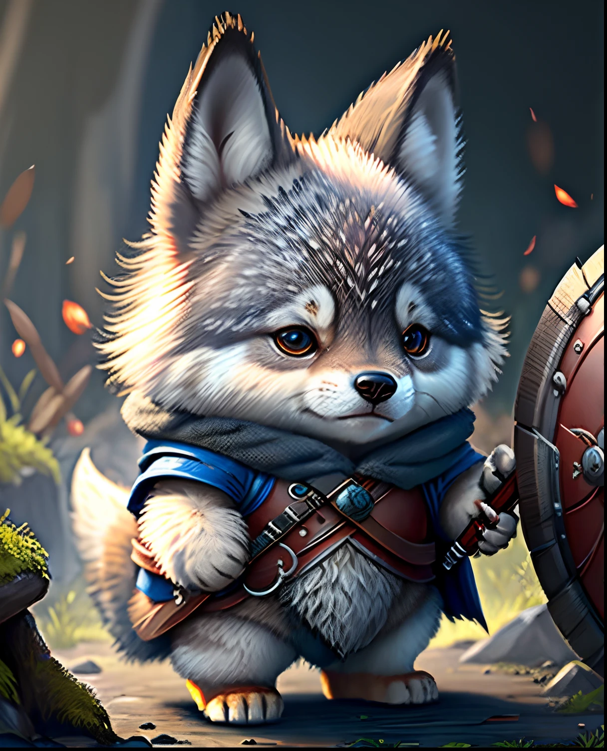 Top image quality、"Create a masterpiece of cute creatures. 1 male wolf、（grey wolf）, high detailing, in 8K、Top image quality、Dressed as an adventurer、Holding a sword and shield in your hand、Video Game Hero Costume、(((kawaii)))、