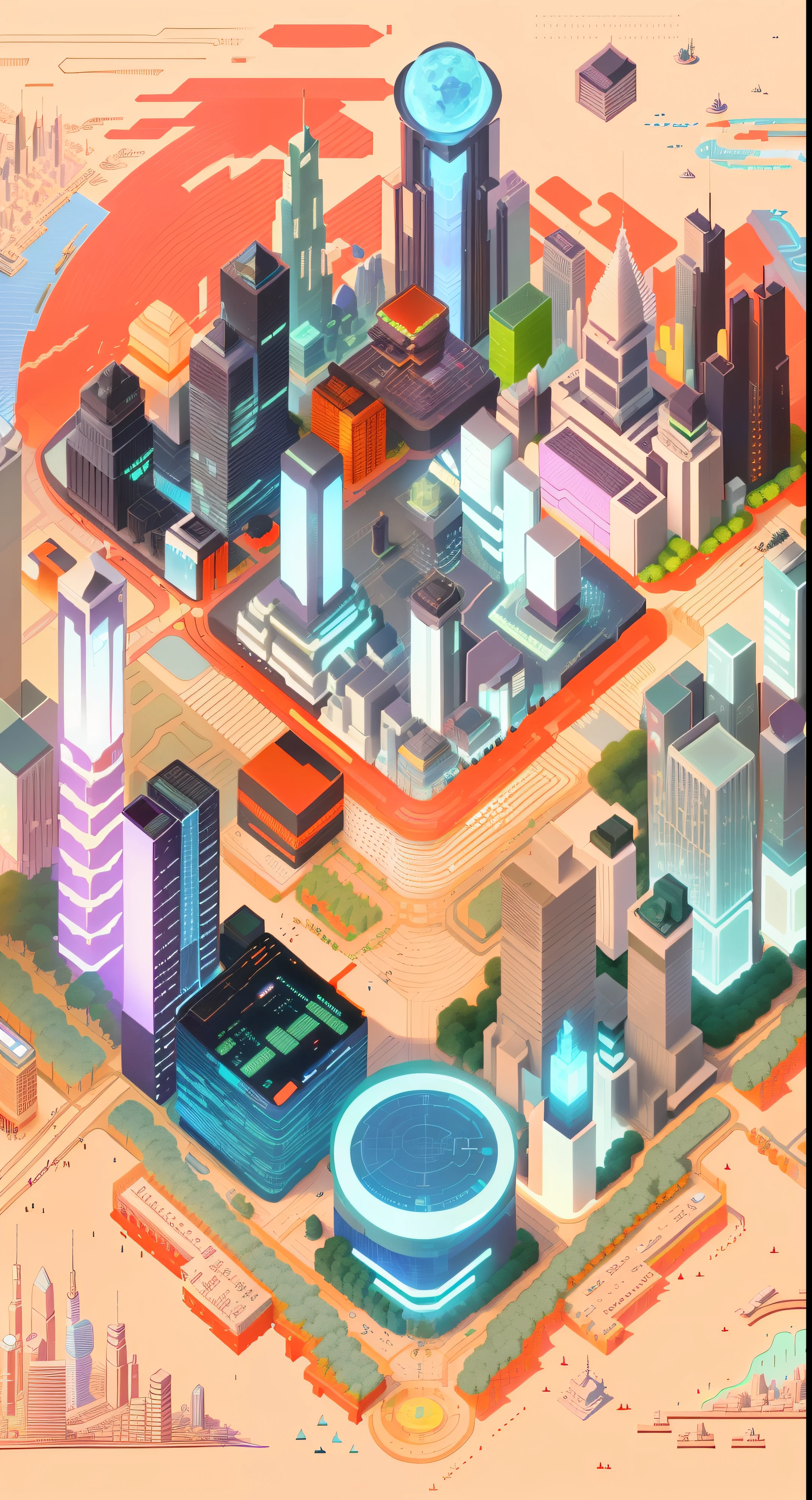 An illustration of a city with a lot of buildings and a lot of people, isometric futuristic game, isometric 8k, isometric game art, incredible isometric screenshot, metaverse concept art, isometric illustration fun, Futuristic city, Tokyo City equidistant, colorful dystopian futurism, futuristic urban background, The future city, rivers. space colony