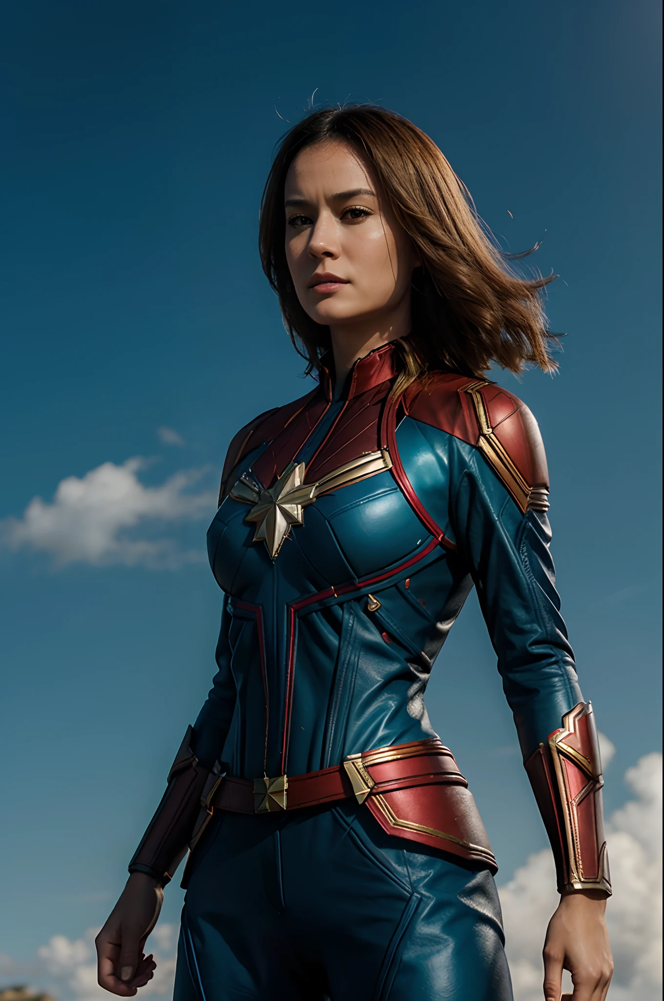 Keswin Tiro de corpo inteiro: 1, side-lighting, (Cabelo loiro comprido: 1.3), Edge lighting in hair, Profundidade de campo rasa e clara, Female Hero, (curva: 1.4), (Very detailed), (Trabalhos premiados), (master part), Fotos de filmes, (HDR), (Papel de parede 8K), Captain Marvel costume, flight, sky background, Foco Feminino