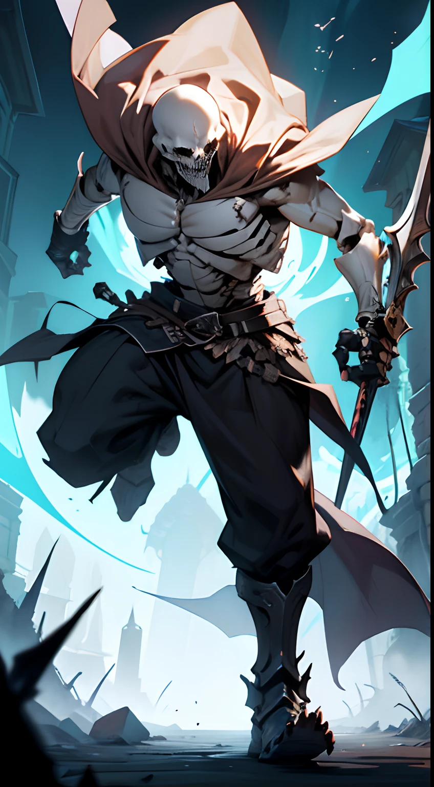 Create me a cool skeleton warrior to play DnD. It has to be scary and powerful, With Bone Armor and Weapons, that look like shards of death. Let his black eye sockets radiate menace., And his bony fingers hold the instrument of death. Let his footsteps be heard, Like the creaking of bones, and his presence terrifies the hearts of his enemies. Give it a name, which reflects his ruthless nature and unyielding will to win.