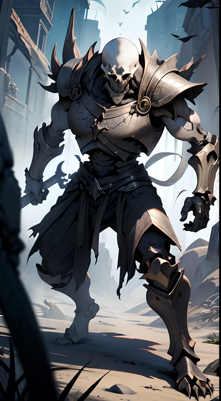 Create me a cool skeleton warrior to play DnD. It has to be scary and powerful, With Bone Armor and Weapons, that look like shards of death. Let his black eye sockets radiate menace., And his bony fingers hold the instrument of death. Let his footsteps be heard, Like the creaking of bones, and his presence terrifies the hearts of his enemies. Give it a name, which reflects his ruthless nature and unyielding will to win.