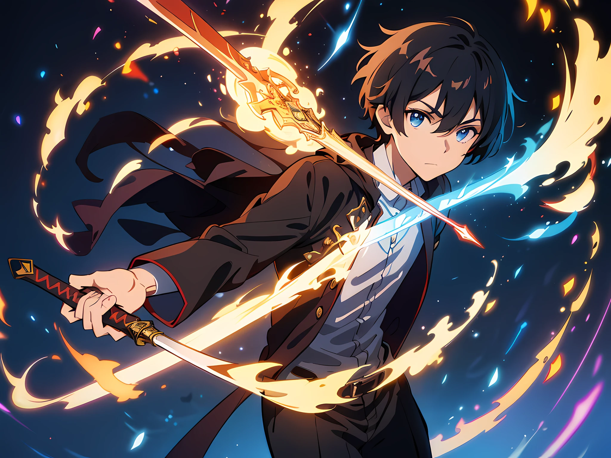 masterpiece, In a world where magic and technology exist side by side, a young man (black hair, short hair) sets out on a journey to hone their skills and uncover the secrets of their powers, beautiful eyes finely detailed. The mage must learn to harness the full potential of their abilities and unlock the true potential of magic in the modern age. full body illustration, evil facial expression, holding a sword, he hold sword with flames coming out from his sword.