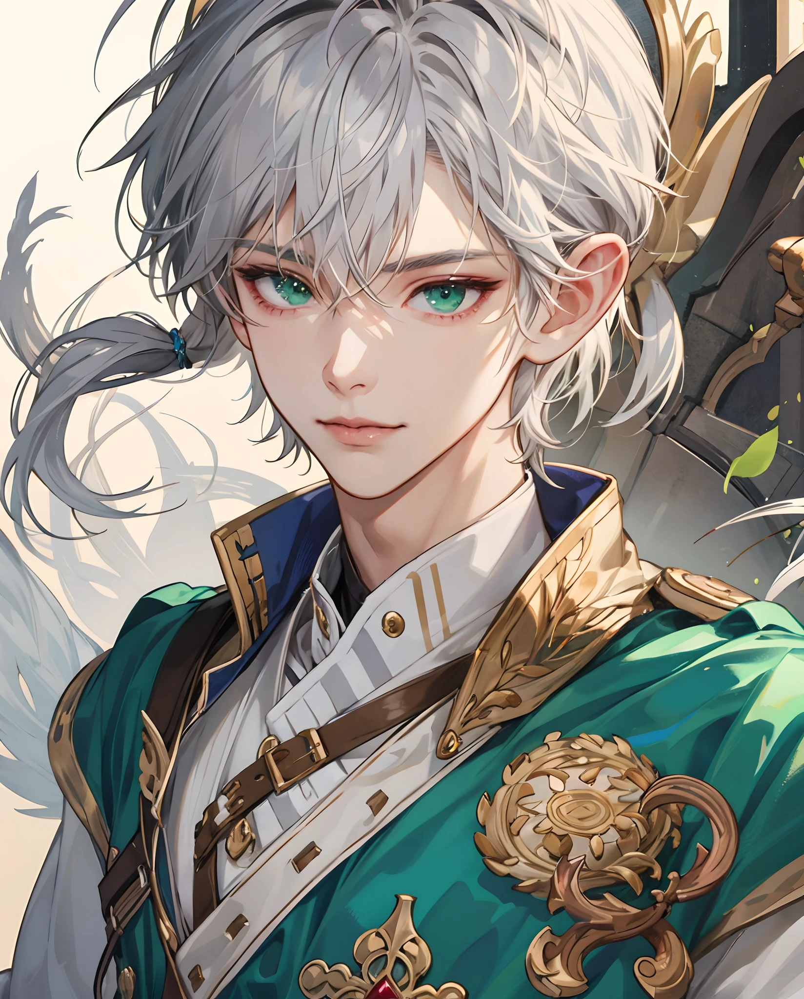 ​masterpiece、top-quality、超A high resolution、2D Bishonen、animesque、 Boy、Elven ears、Silvery hair、short-haired、knights、Beautiful green eyes、The clothes are also depicted in detail、Eyes are depicted in detail、The face is depicted in detail、soio、Gentle smile、hair adornments、animesque、illustratio