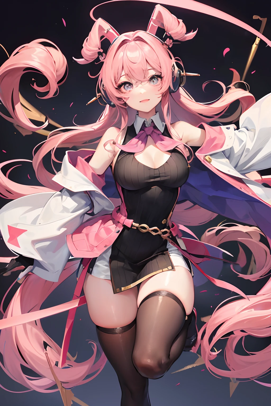 masterpiece, highres, 1girl, goddess of victory: nikke, pepper_(nikke), ペッパー(勝利の女神_NIKKE), beautiful face, detailed face, pink hair, bangs, headphones, gloves, blue neckerchief, sweater, thighs, blush, smile, large breasts, full body, bare shoulders, eyebrows visible through hair, headgear, long hair, looking at viewer, sweater dress, vest, standing