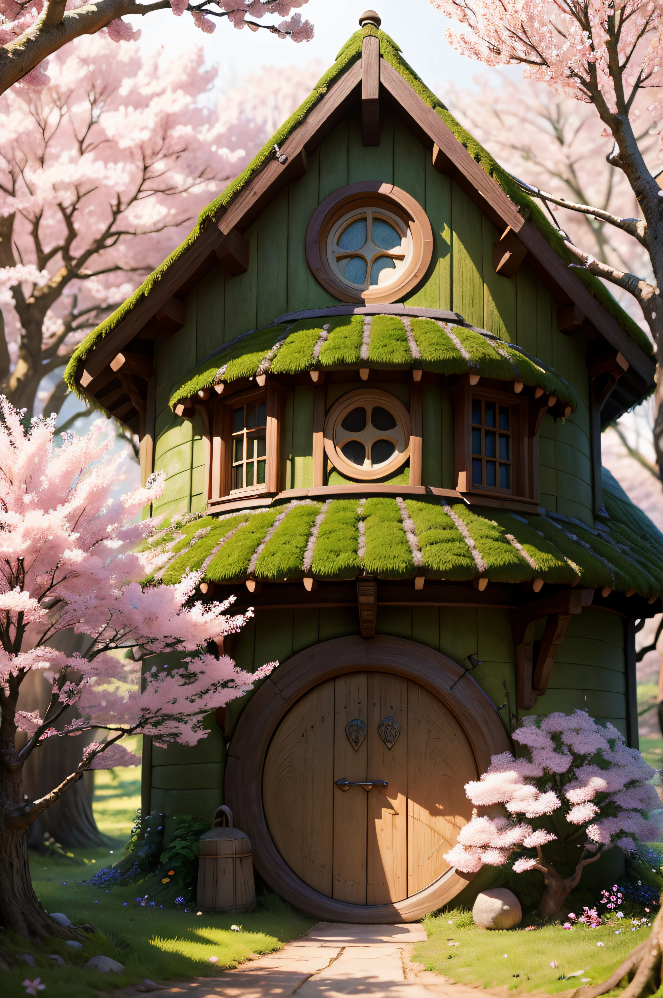 Hobbit house (Tolkien and Peter Jackson style) surrounded by cherry blossom tree. ultra realistic, sharp detail, high resolution, ultra detailed, dreamlike, ethereal, bright colors, bokeh.
