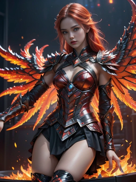 Super realistic image, NVIDIA RTX, super resolution, Unreal 5, Subsurface Dispersion, PBR Texturing, Post-processing, Maximum clarity and sharpness, Multi-layer textures, of (a very beautiful young angel of flaming fire, made of fire and incandescent flames) , (Tall model), slim, standing, blue eyes, ((long, fiery red, flaming hair)), (((Burning red armor of phoenix flames with intricate details))), ((Huge fiery wings, incandescent flames)), ((in levitation, In the air, without touching the ground)), (Ultra-realistic high quality scene, 8K RAW High Definition)