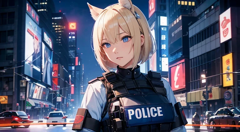 a 25yo woman(police officers)、Blonde Shorthair、Horse ears、1 blue mesh、Her eyes are blue and beautiful.、Black bulletproof vest、New York City Night Background、Red and Blue Police Lamp、Swat、Crime scene、Detailed details