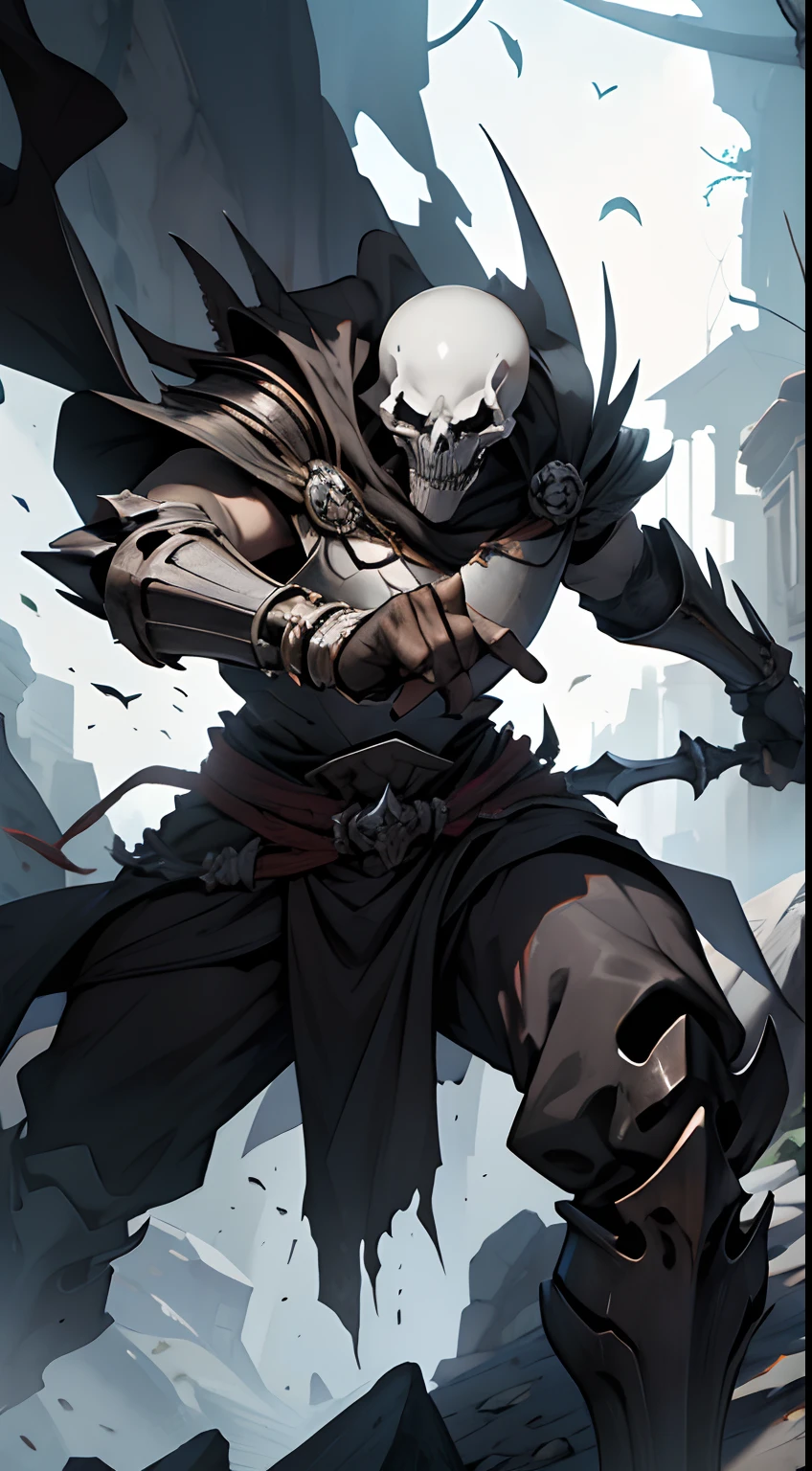 Create me a cool skeleton warrior to play DnD. It has to be scary and powerful, With Bone Armor and Weapons, that look like shards of death. Let his black eye sockets radiate menace., And his bony fingers hold the instrument of death. Let his footsteps be heard, Like the creaking of bones, and his presence terrifies the hearts of his enemies. Give it a name, which reflects his ruthless nature and unyielding will to win.