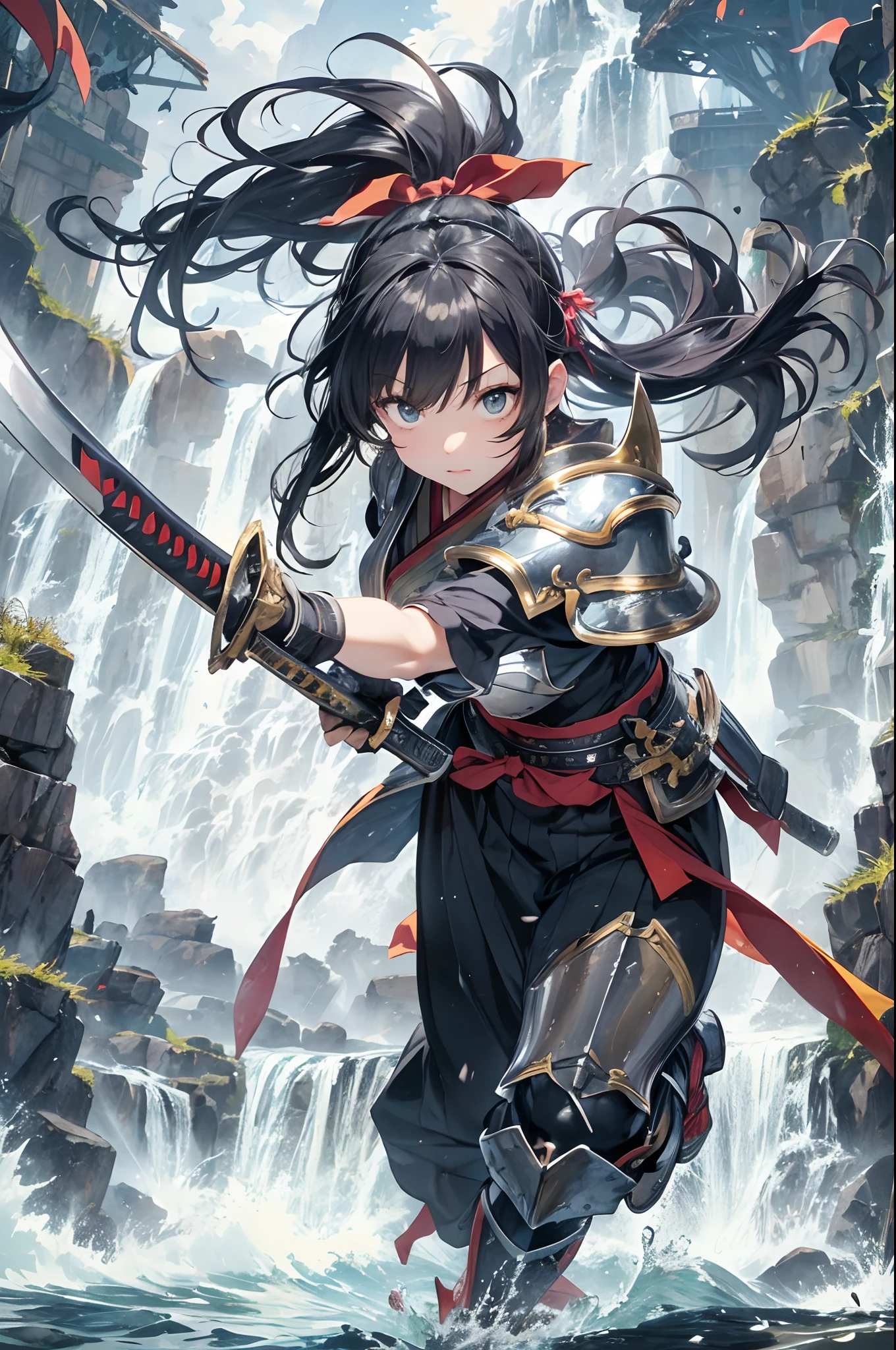Raise your sword aloft、Anime characters in armor, 1girl in, Samurai,arma, Sword, Black hair, Solo,round big eyes,Deep scarlet eyes, Ponytail, Long hair, katanas, Hakama,((Japanese armor))),((plate armor)), holding weapon, ((Leg armor)), Hold the sword, Looking at Viewer,helmets,((Hair band with metal plate)),Dynamic Action Pose,(((cliff))),(((falls))),