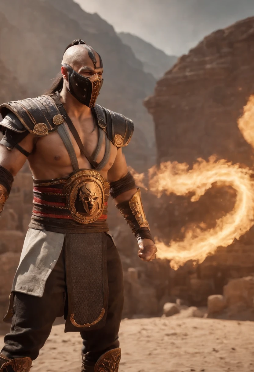 A cinematic marvel: Mortal Kombat's Scorpio Emerges in Ultra Hyper-Realistic Glory in Unreal Engine 5, adornado em um resplandecente traje moderno real que brilha com intrincados fios dourados e tecidos texturizados luxuosos. Seus olhos brilham como fogo, casting an unearthly glow while wielding flames in legendary combat, creating a mesmerizing spectacle of power and elegance. Cada detalhe, from the strands of his burning mane to the ethereal smoke that curled around him, is captured in stunning ultra-high 8K detail, transporting you to a realm where myth and reality intertwine."