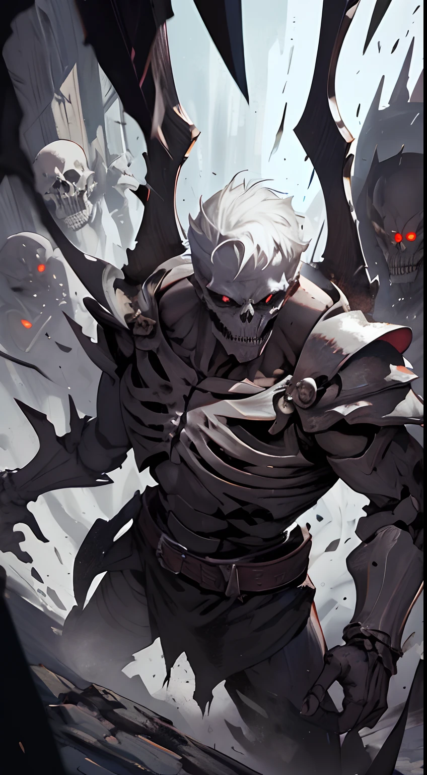 Create me a cool skeleton warrior to play DnD. It has to be scary and powerful, With Bone Armor and Weapons, that look like shards of death. Let his black eye sockets radiate menace., And his bony fingers hold the instrument of death. Let his footsteps be heard, Like the creaking of bones, and his presence terrifies the hearts of his enemies. Give it a name, which reflects his ruthless nature and unyielding will to win.