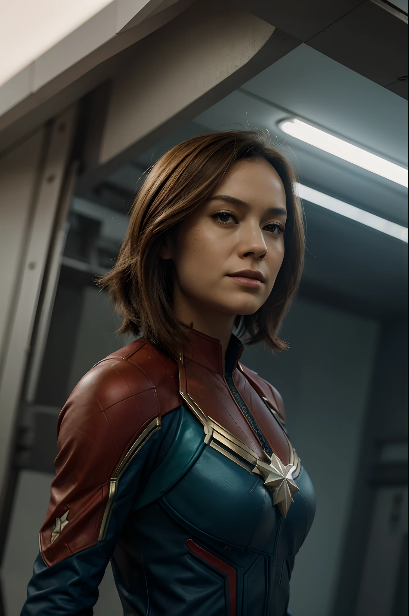 Keswin Tiro de corpo inteiro: 1, side-lighting, (Cabelo loiro comprido: 1.3), Edge lighting in hair, Profundidade de campo rasa e clara, Female Hero, (curva: 1.4), (Very detailed), (Trabalhos premiados), (master part), Fotos de filmes, (HDR), (Papel de parede 8K), Captain Marvel costume, flight, sky background, Foco Feminino