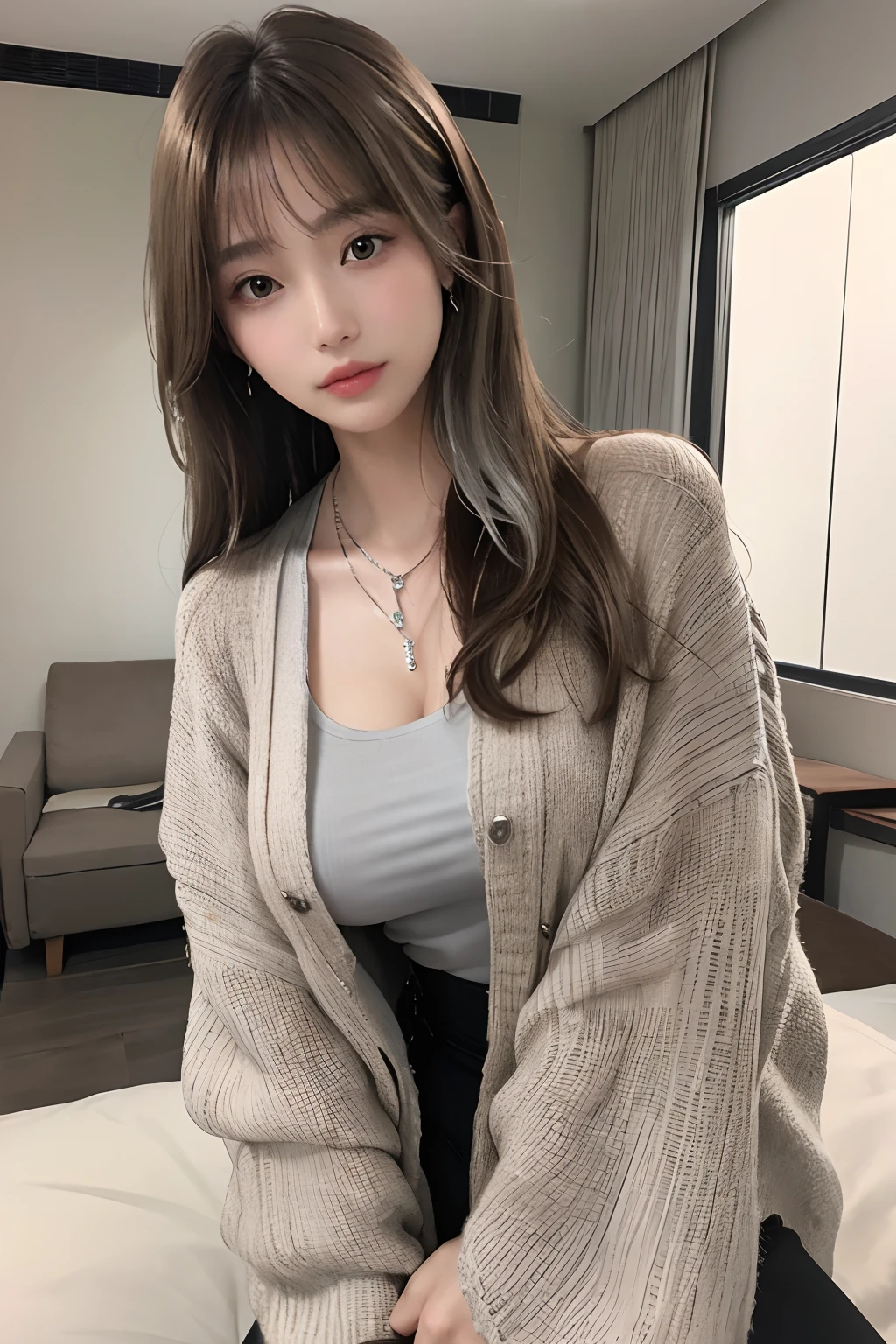 ((1girl in:1.3)),Light Brown Fringe Hair、disheveled hair、Light brown eyes、(dignified expression)、((Fashion magazine outfits))、(爆乳:1.4)、Emphasize the valley、(Photorealsitic)、(intricate detailes:1.2)、(masterpiece、:1.3)、(top-quality:1.4)、(超A high resolution:1.2)、超A high resolution、(A detailed eye)、(detailed facial features)、((Silver necklace))、Posing like a fashion model