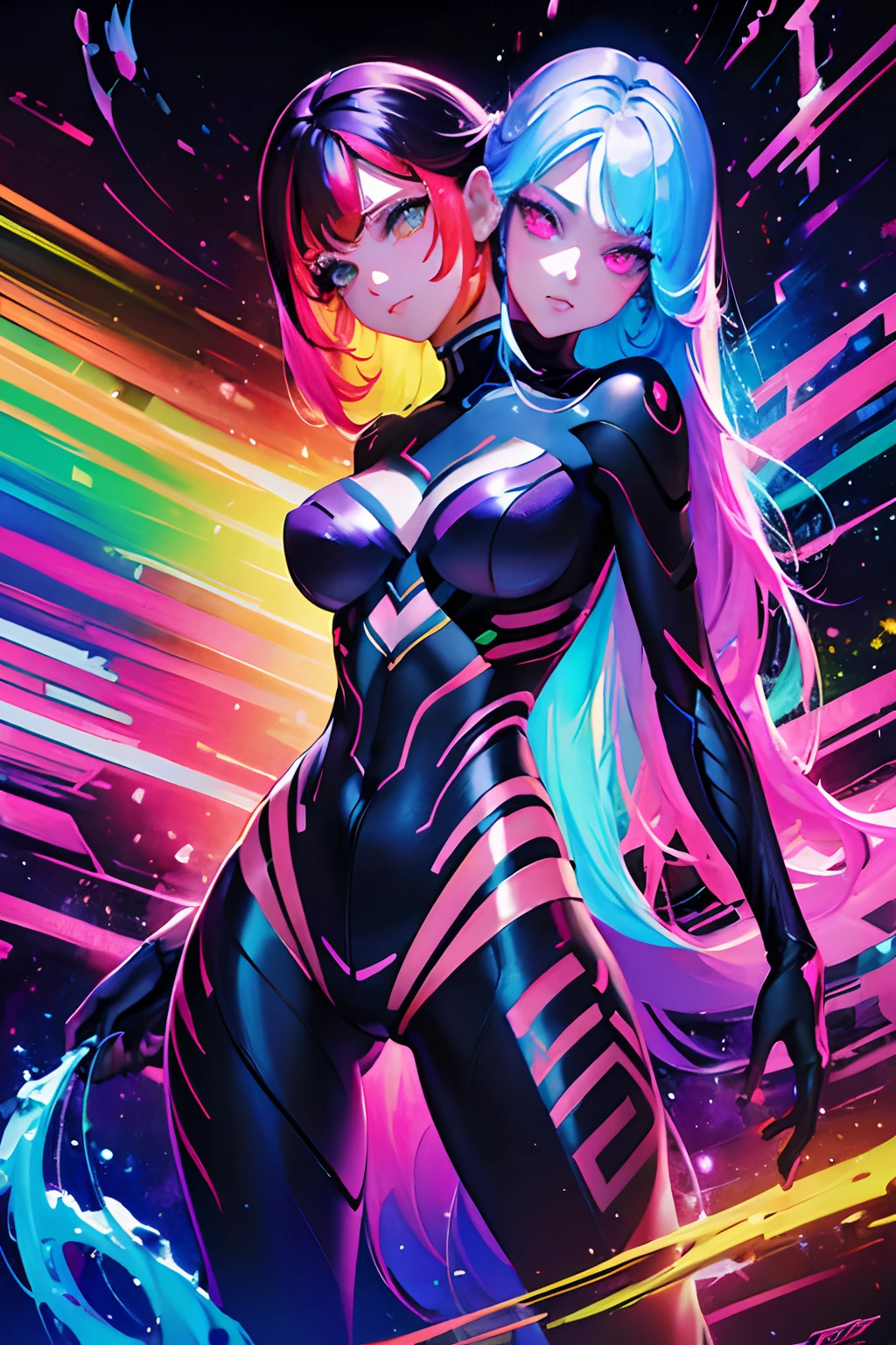 (masterpiece, best quality), best resolution, (2heads:1.5), 1girl, Woman with long light hair and bright makeup, perfect clear face, perfect anatomy, painting of a, Vivid neon ink painting, Vibrant digital painting, mecha suit, katana, Vibrant digital art, colorful art, art of alessandro pautasso, vibrant cartoon art, jen bartel, colorful digital art, Colorful paintings, Colorful Digital Painting, Hypercolor Digital Art, Vivid paintings, Full-color digital art, colourful drawing, vibrant fan art