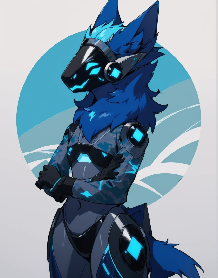 (highly detailed illustration:1.2),(front focus),direct headshot ,best quality, masterpiece, solo, natural lighting, protogen, (protogen face:1.1), (protogen visor:1.1), tail, torso, white xenon glow eyes, blue glossy fur, navy glossy hair, navy camouflage fur,soldier,military base,dark,volumetric lighting,standing,