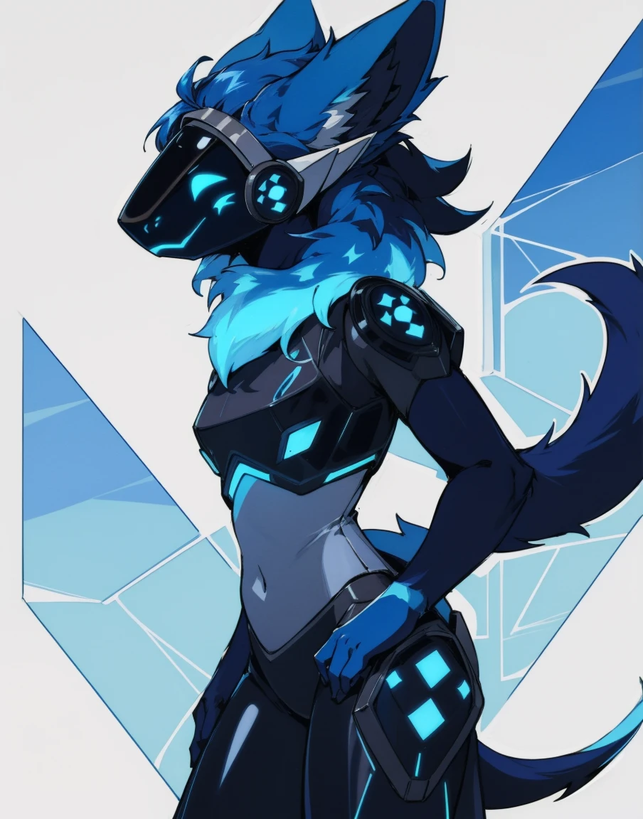 (highly detailed illustration:1.2),(front focus),direct headshot ,best quality, masterpiece, solo, natural lighting, protogen, (protogen face:1.1), (protogen visor:1.1), tail, torso, white xenon glow eyes, blue glossy fur, navy glossy hair, navy camouflage fur,soldier,military base,dark,volumetric lighting,standing,