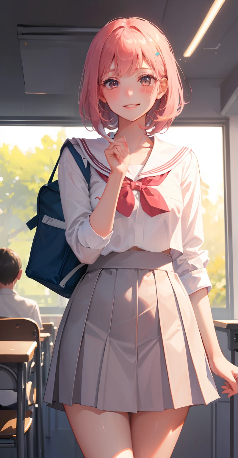 1 girl, split lips, blush, makeup, Light smile, School uniform, classroom, school backpack, rays of light, shine, Thighs, clavicle, narrow waist, (master piece), wallpaper,