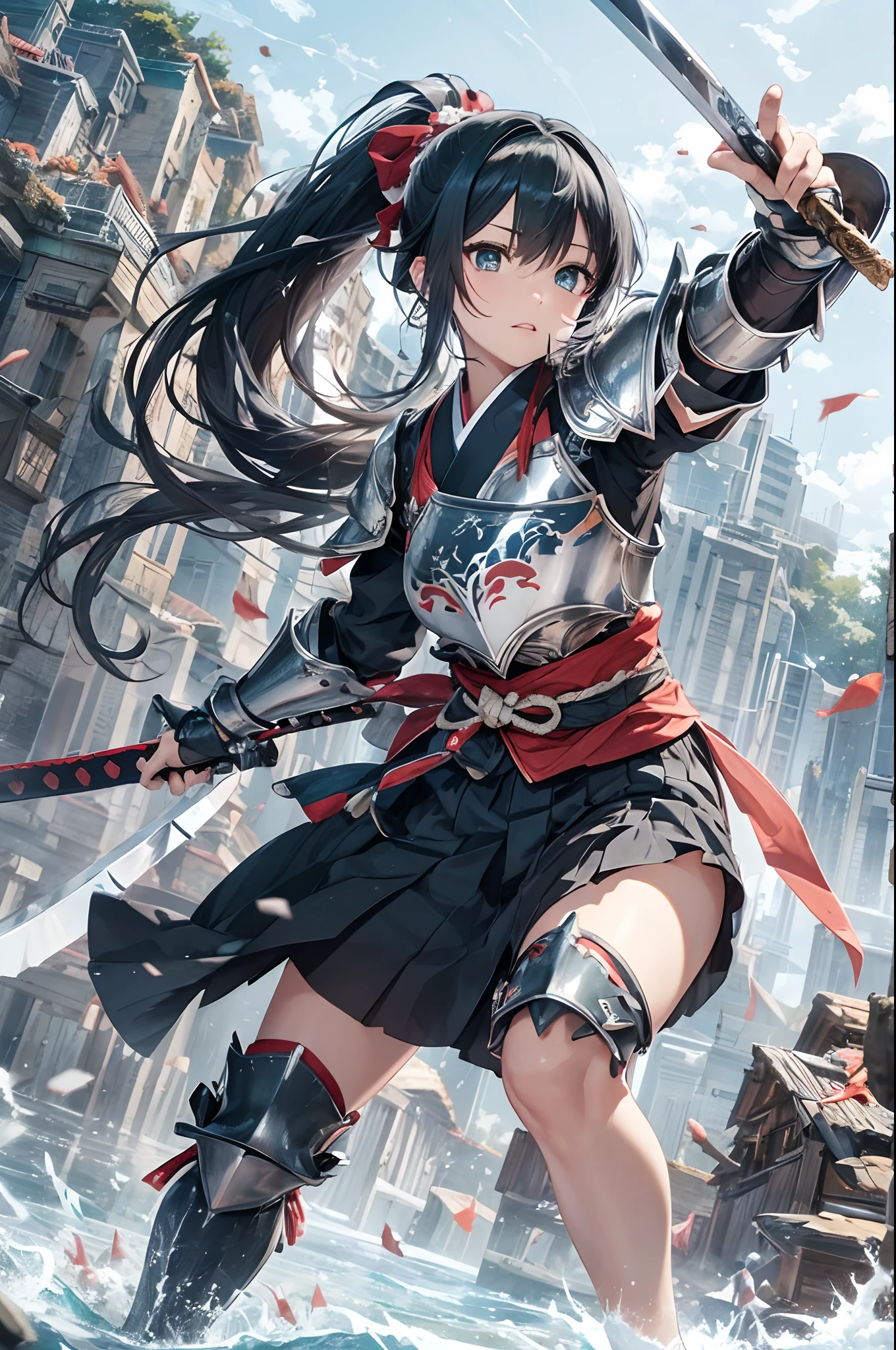 Raise your sword aloft、Anime characters in armor, 1girl in, Samurai,arma, Sword, Black hair, Solo,round big eyes,Deep scarlet eyes, Ponytail, Long hair, katanas, Hakama,((Japanese armor))),((plate armor)), holding weapon, ((Leg armor)), Hold the sword, Looking at Viewer,helmets,((Hair band with metal plate)),Dynamic Action Pose,(((cliff))),(((falls))),