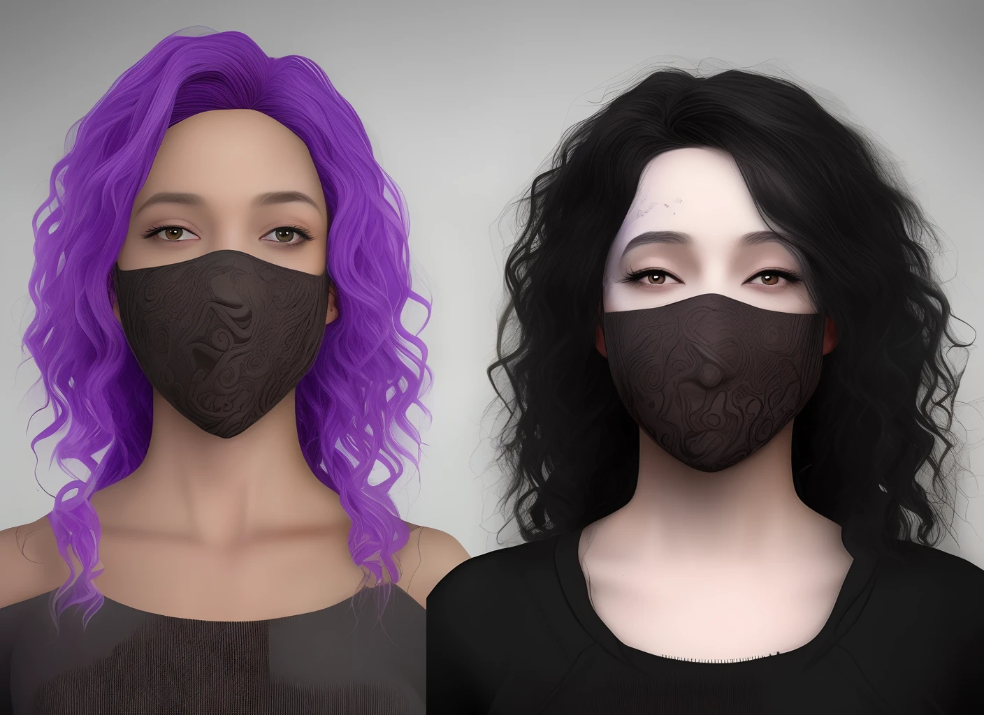 Dark brown-skinned woman, grey eyes, goth, very long black to purple curly hair, black face mask