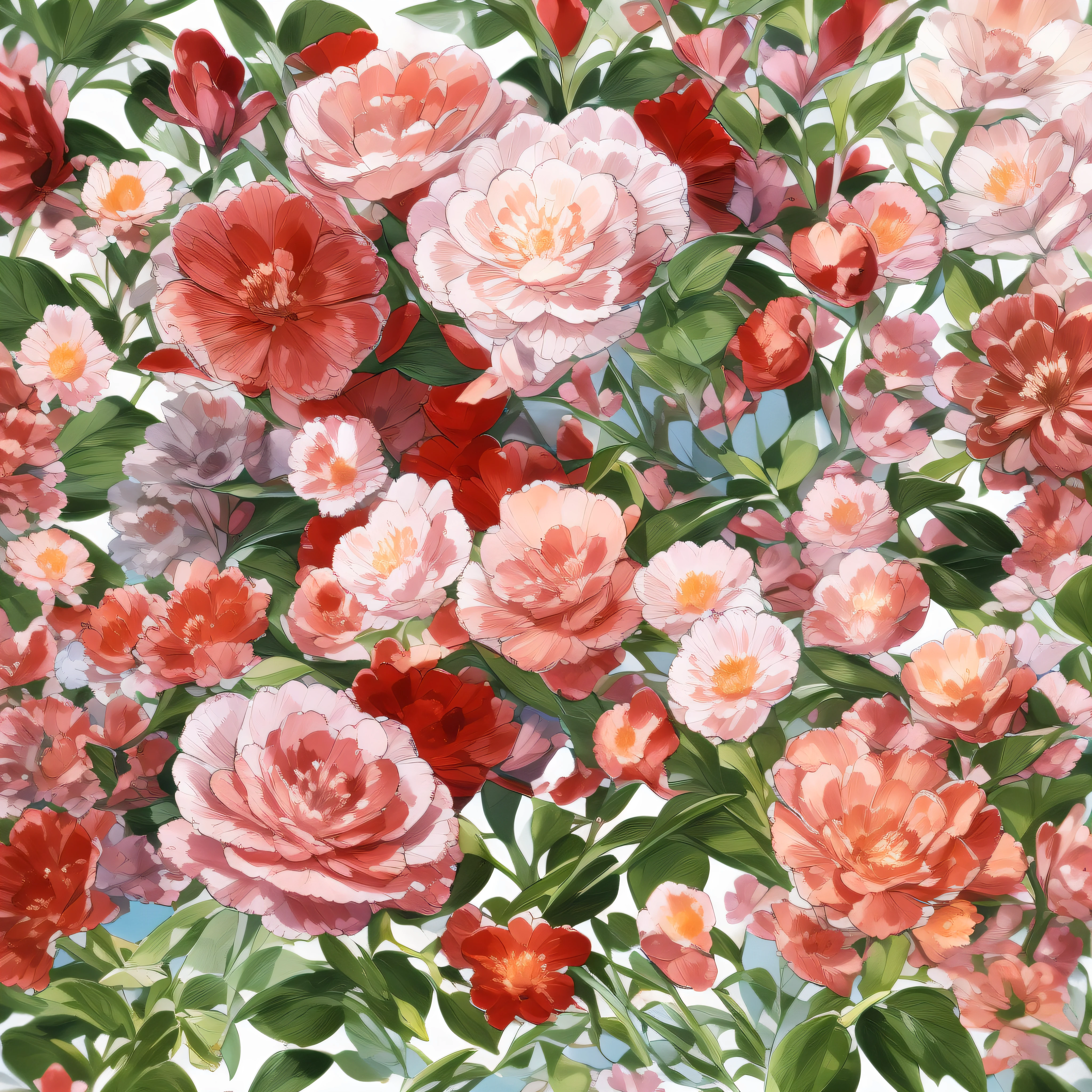 Generate graphics，The aspect ratio is 3 to 4，Realistic style，The picture is covered with many flowers，The foliage below can be faintly seen between the flowers，The flowers contain red roses and some other varieties of flowers and greenery，The flowers in the picture contain 5 different varieties，The flowers in the picture contain at least 5 different colors。