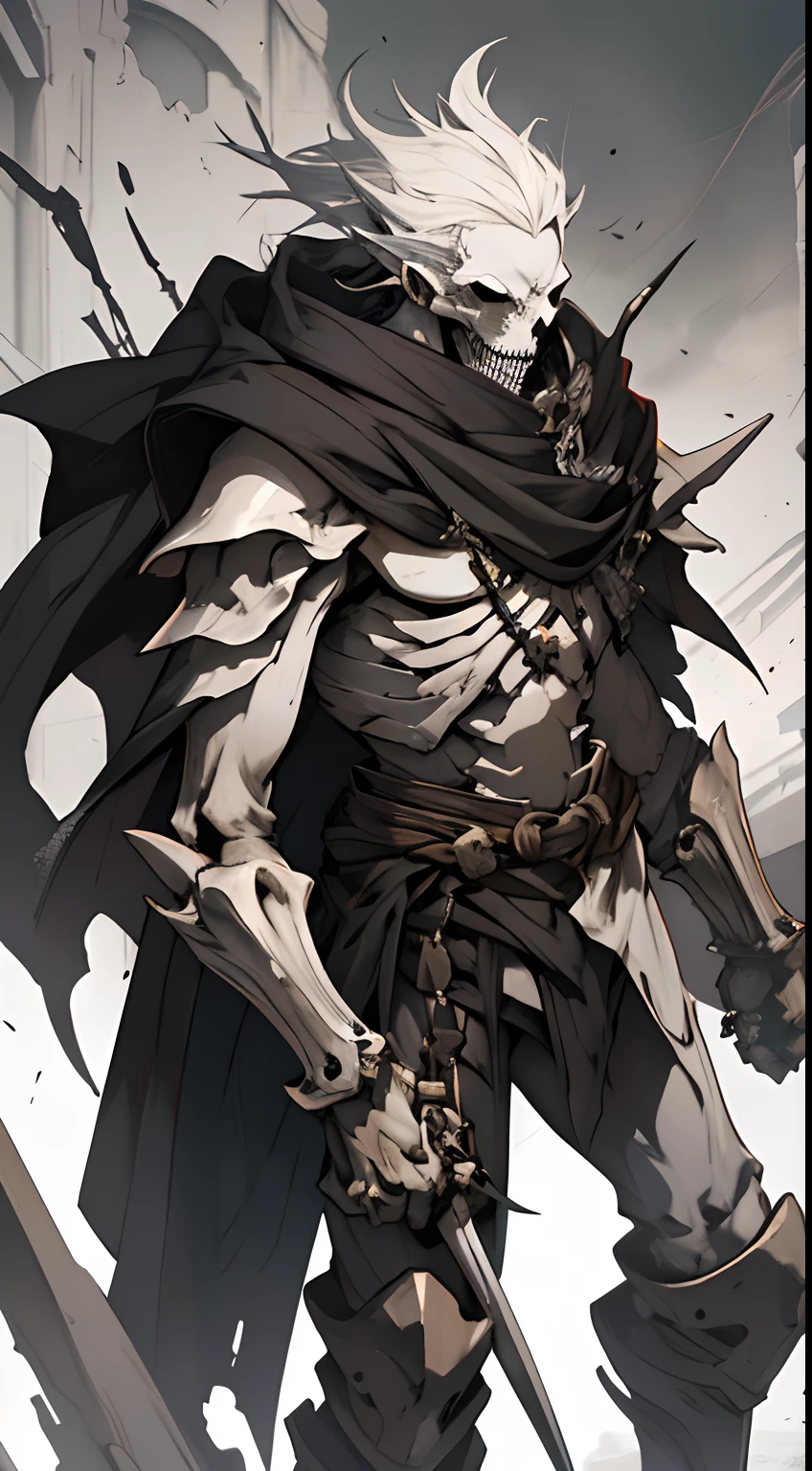 Create me a cool skeleton warrior to play DnD. It has to be scary and powerful, With Bone Armor and Weapons, that look like shards of death. Let his black eye sockets radiate menace., And his bony fingers hold the instrument of death. Let his footsteps be heard, Like the creaking of bones, and his presence terrifies the hearts of his enemies. Give it a name, which reflects his ruthless nature and unyielding will to win.